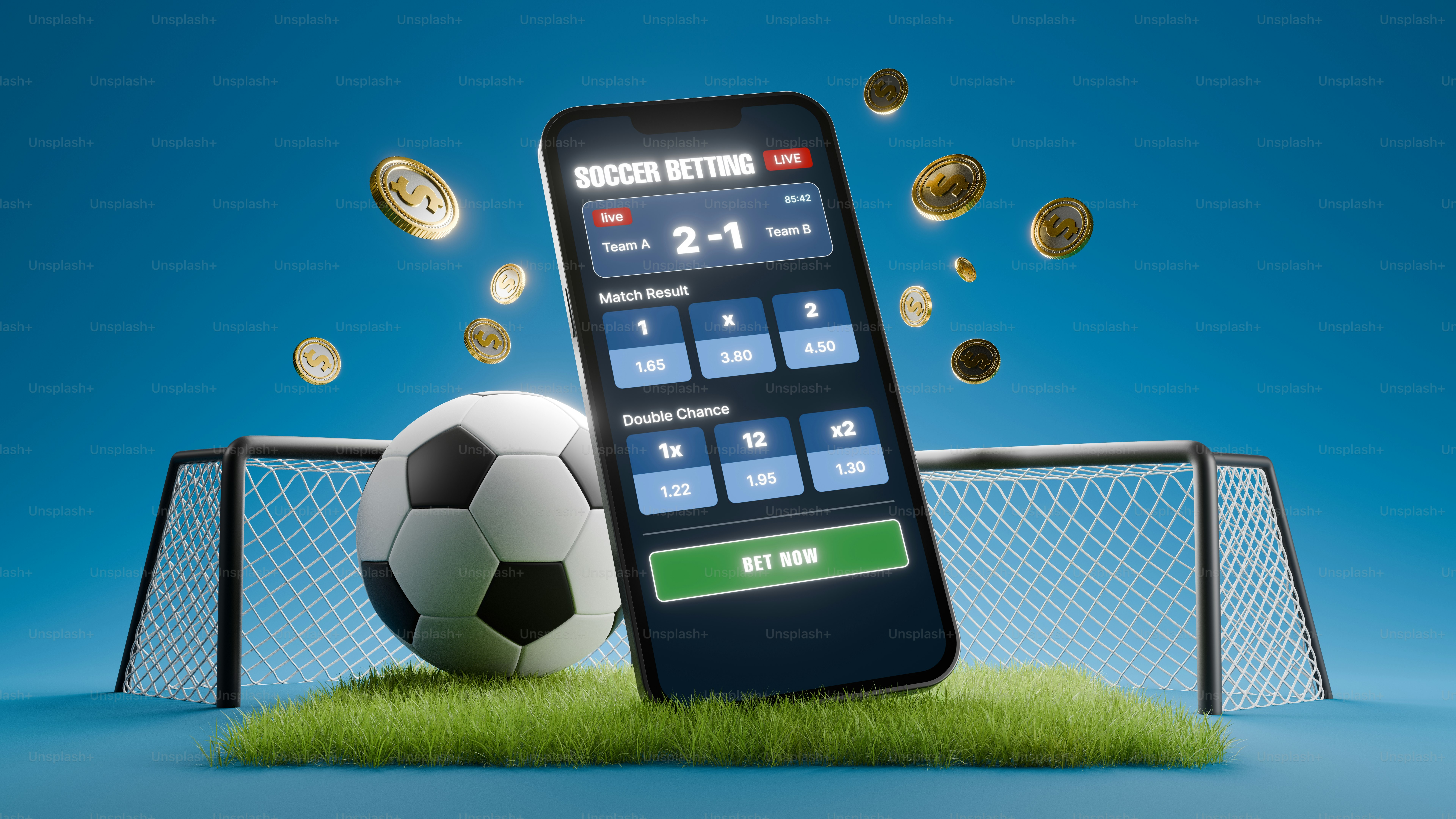 Smartphone displaying sports betting app with soccer ball and coins.