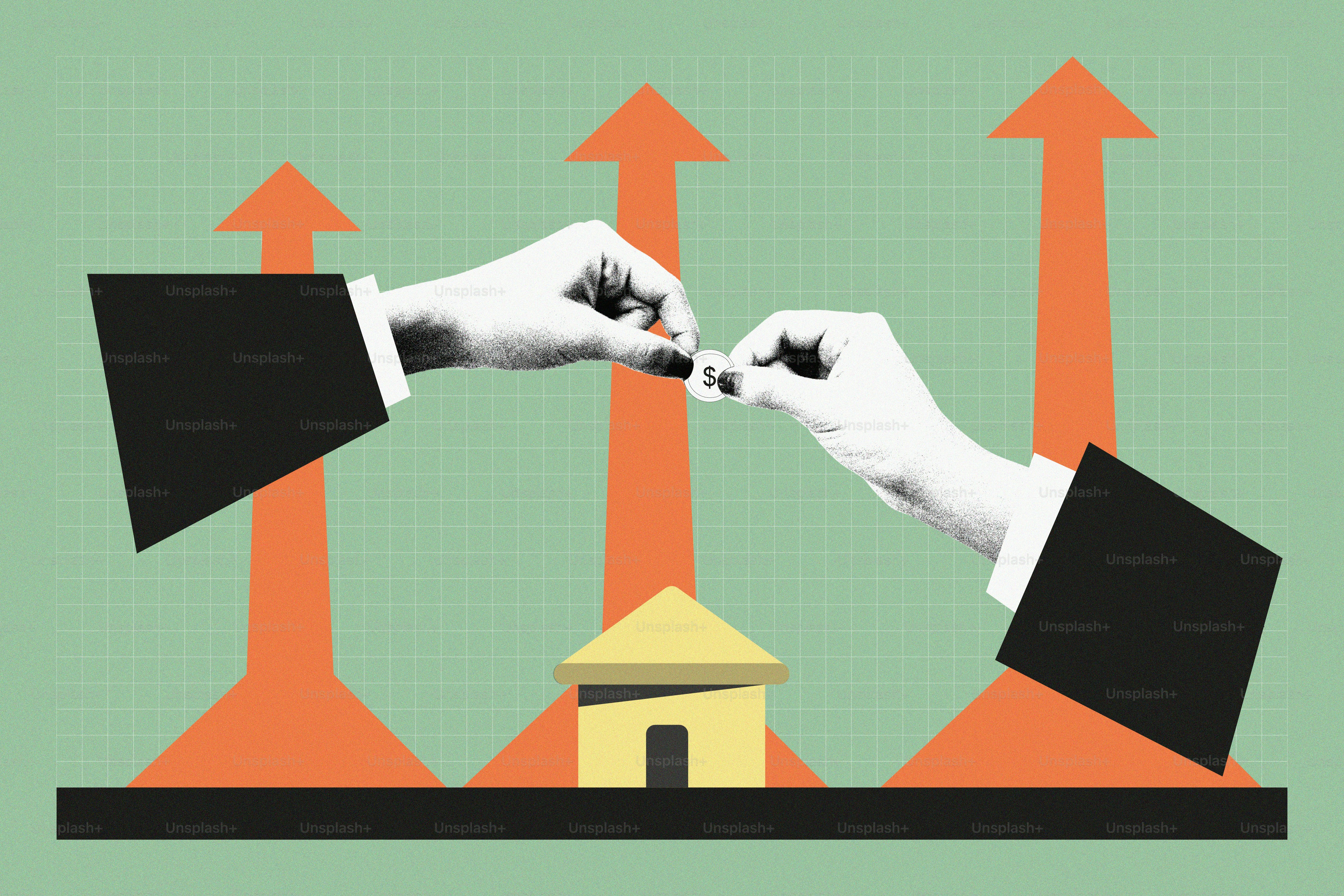 Two hands connecting over a house with rising arrows. photo – Business ...