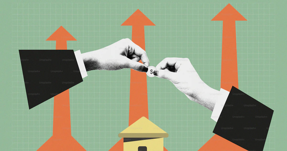 Two hands connecting over a house with rising arrows. photo – Business ...