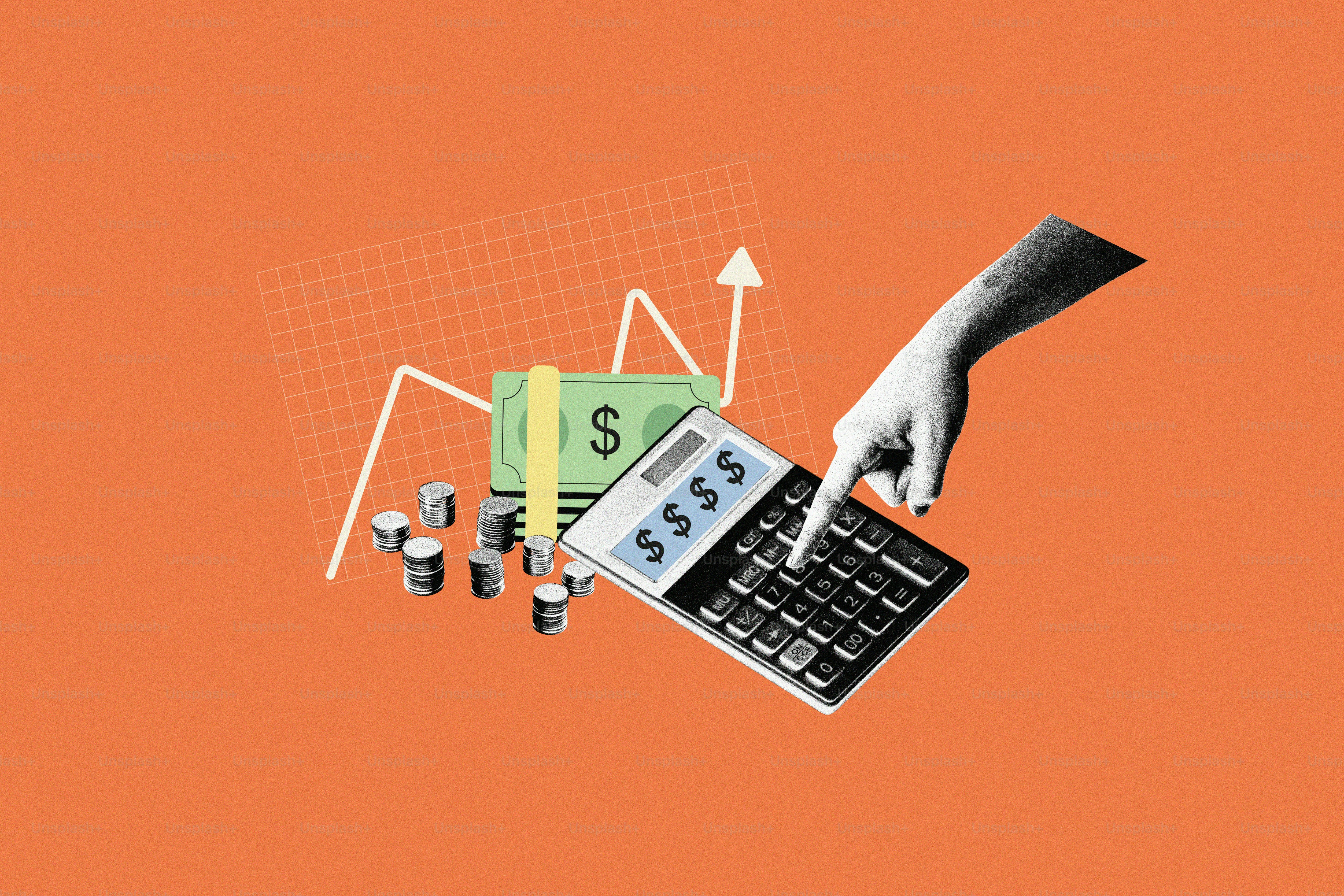 Tangan menggunakan kalkulator dengan uang dan grafik