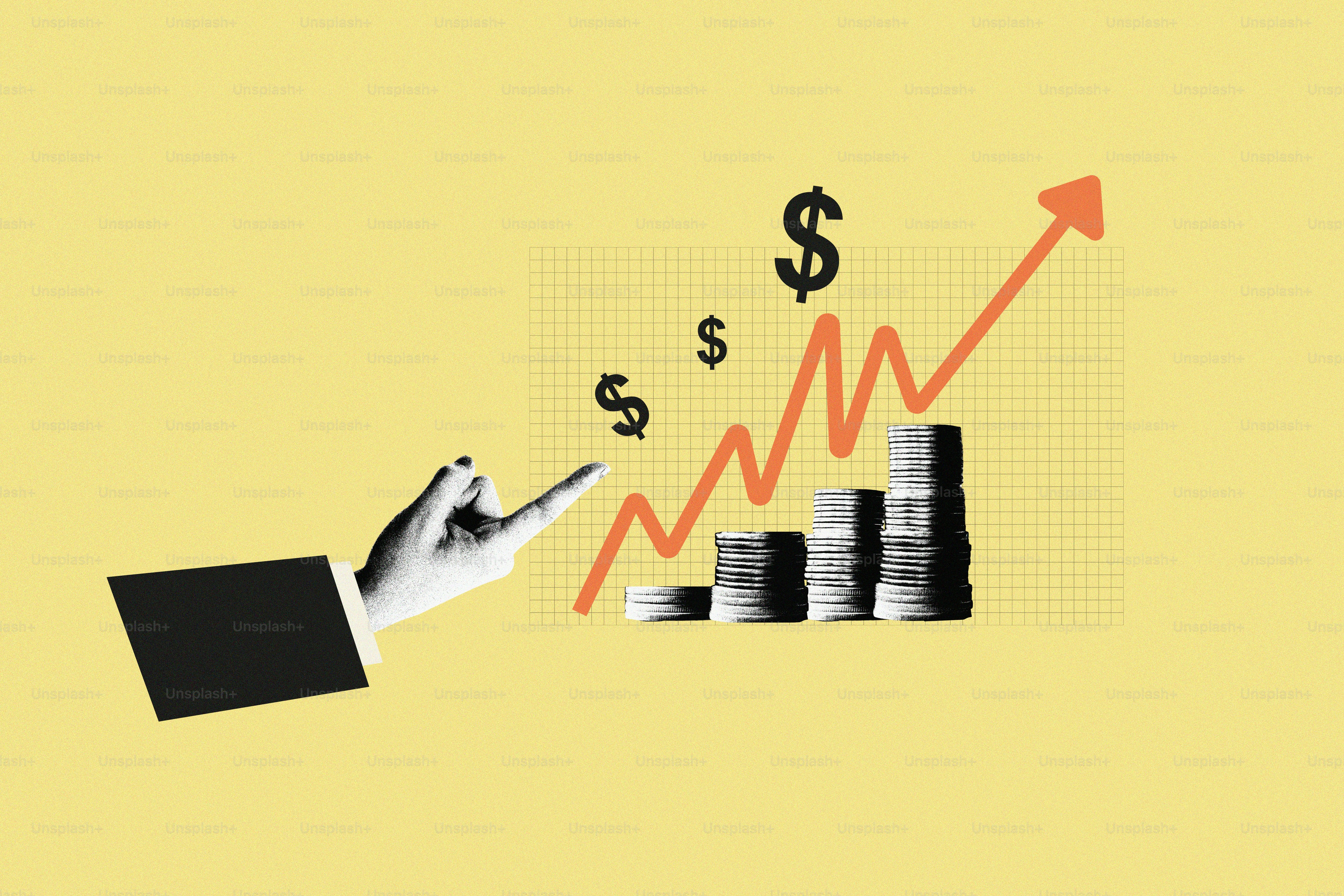 Tangan menunjuk ke grafik naik dengan koin dan tanda dolar.