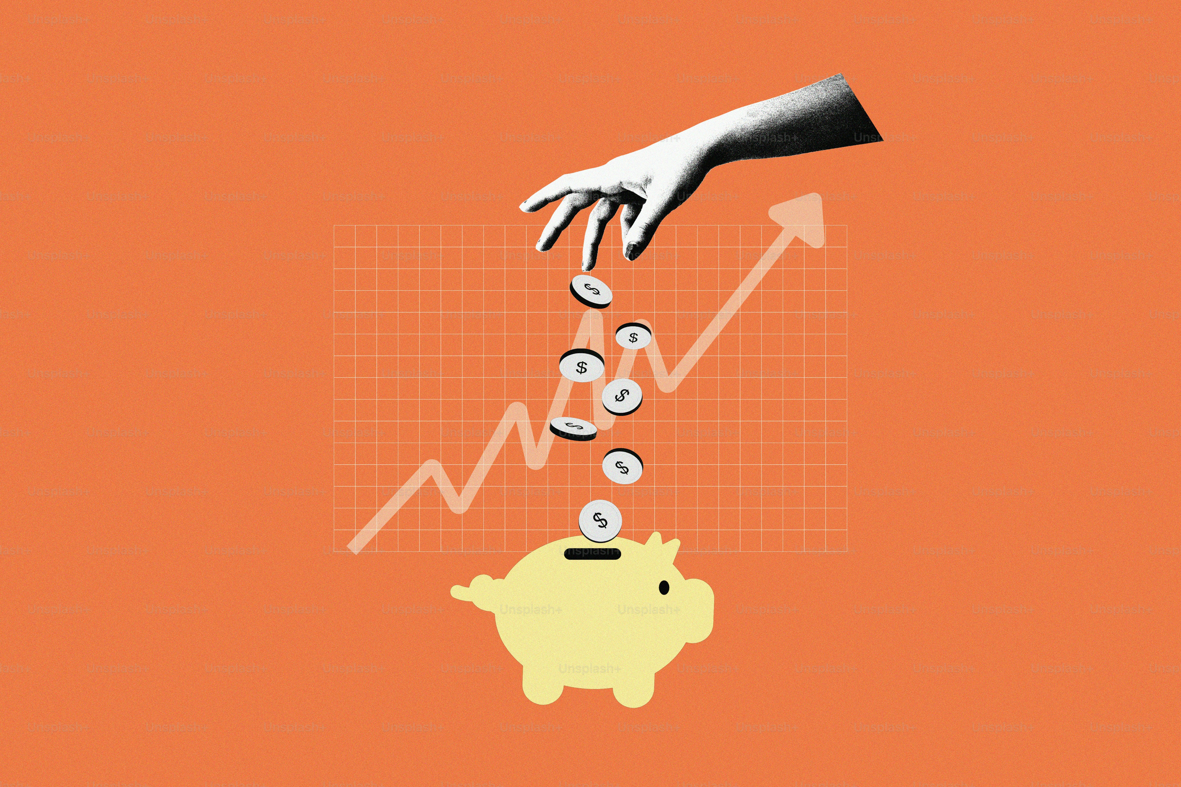Hand dropping coins into piggy bank with upward graph.