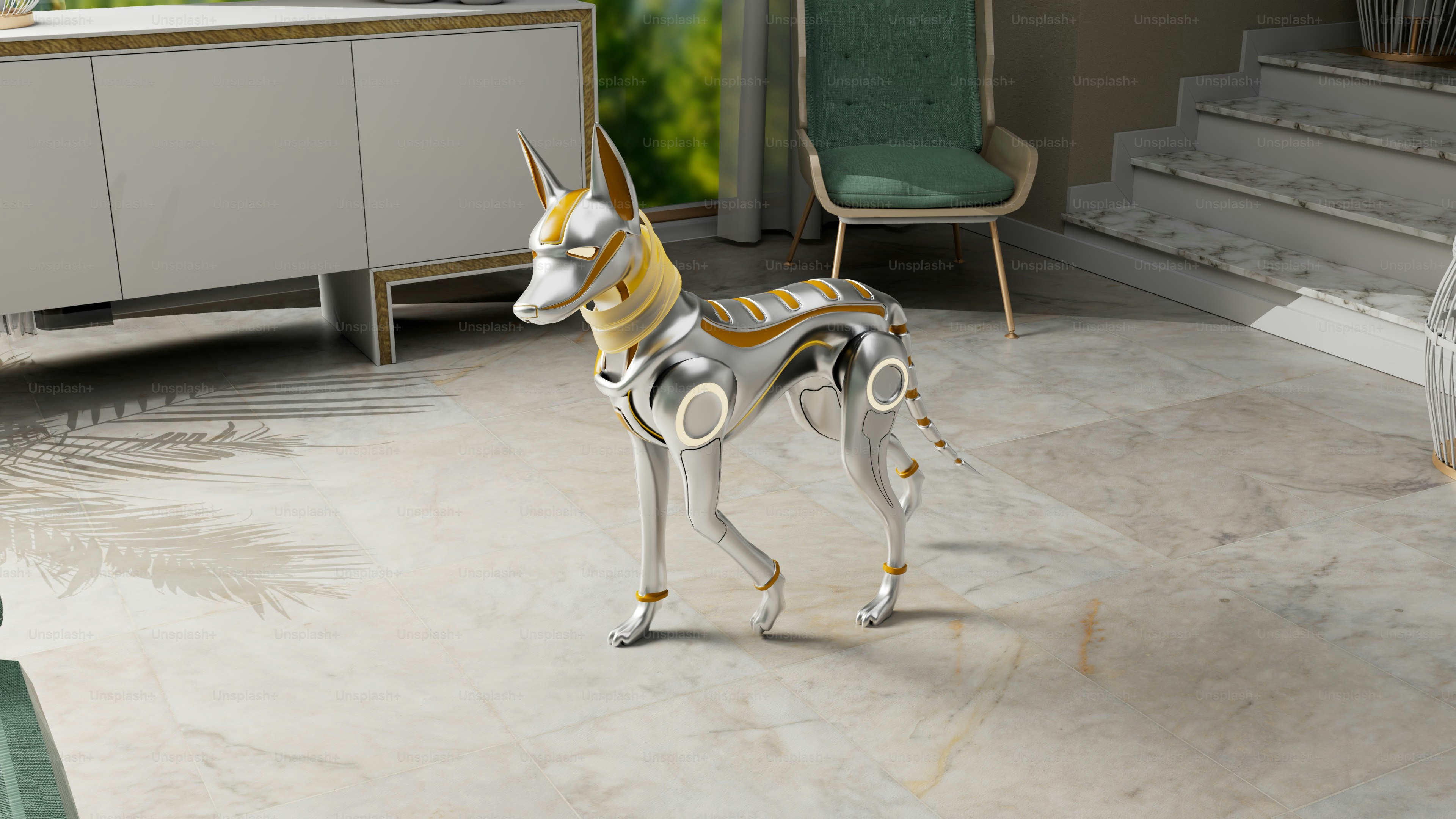 Um cachorro robótico futurista com detalhes metálicos prateados e dourados.