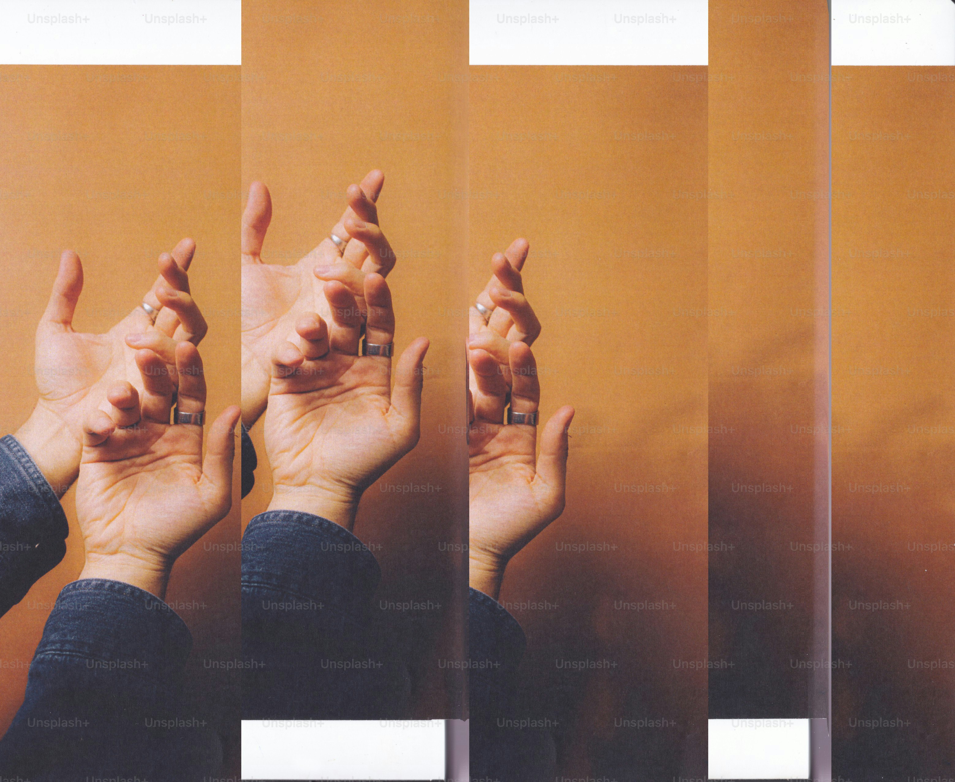 Multiple hands displayed in vertical strips against an orange background.