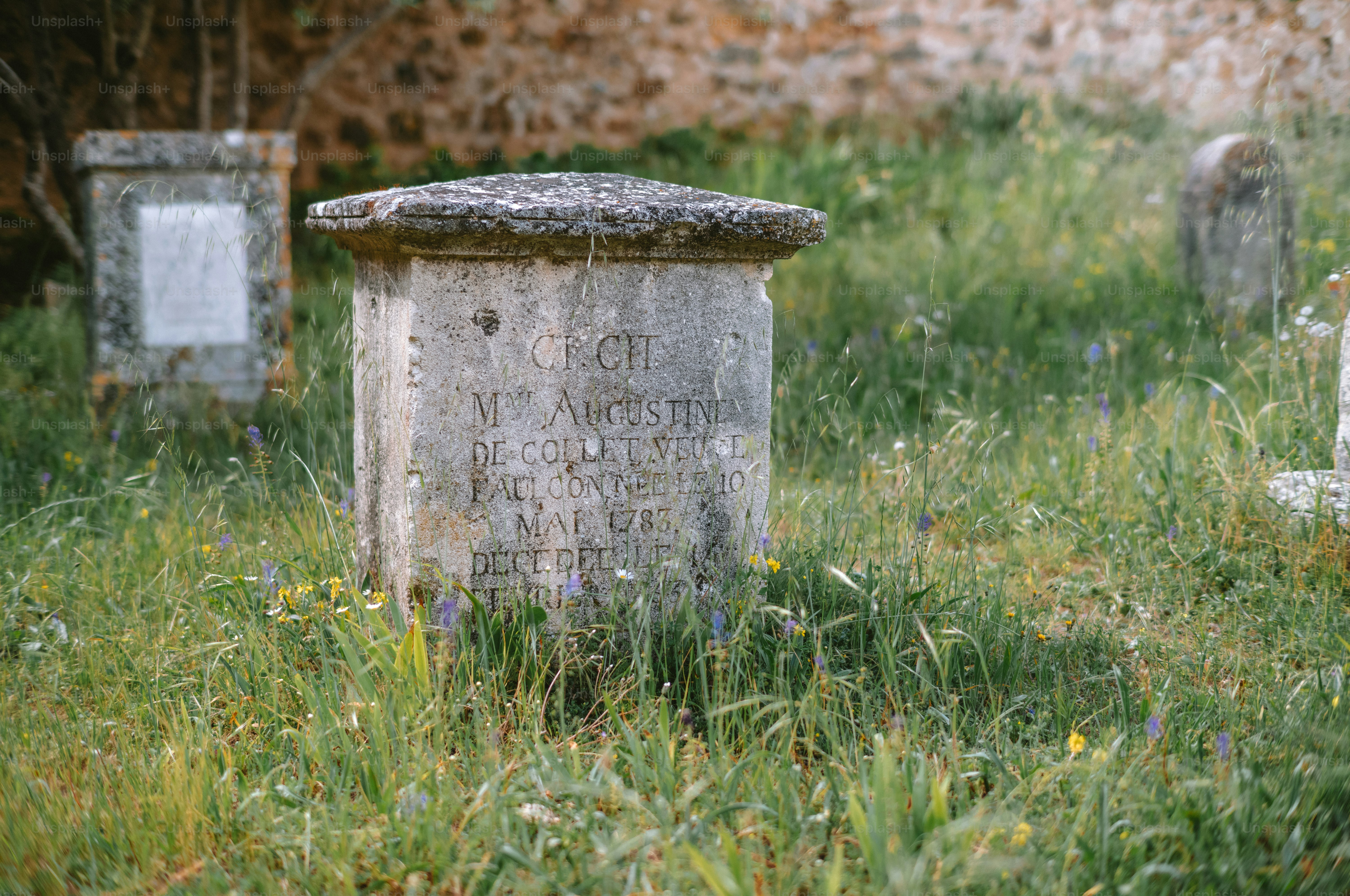 Old weathered tombstones in a grassy cemetery.