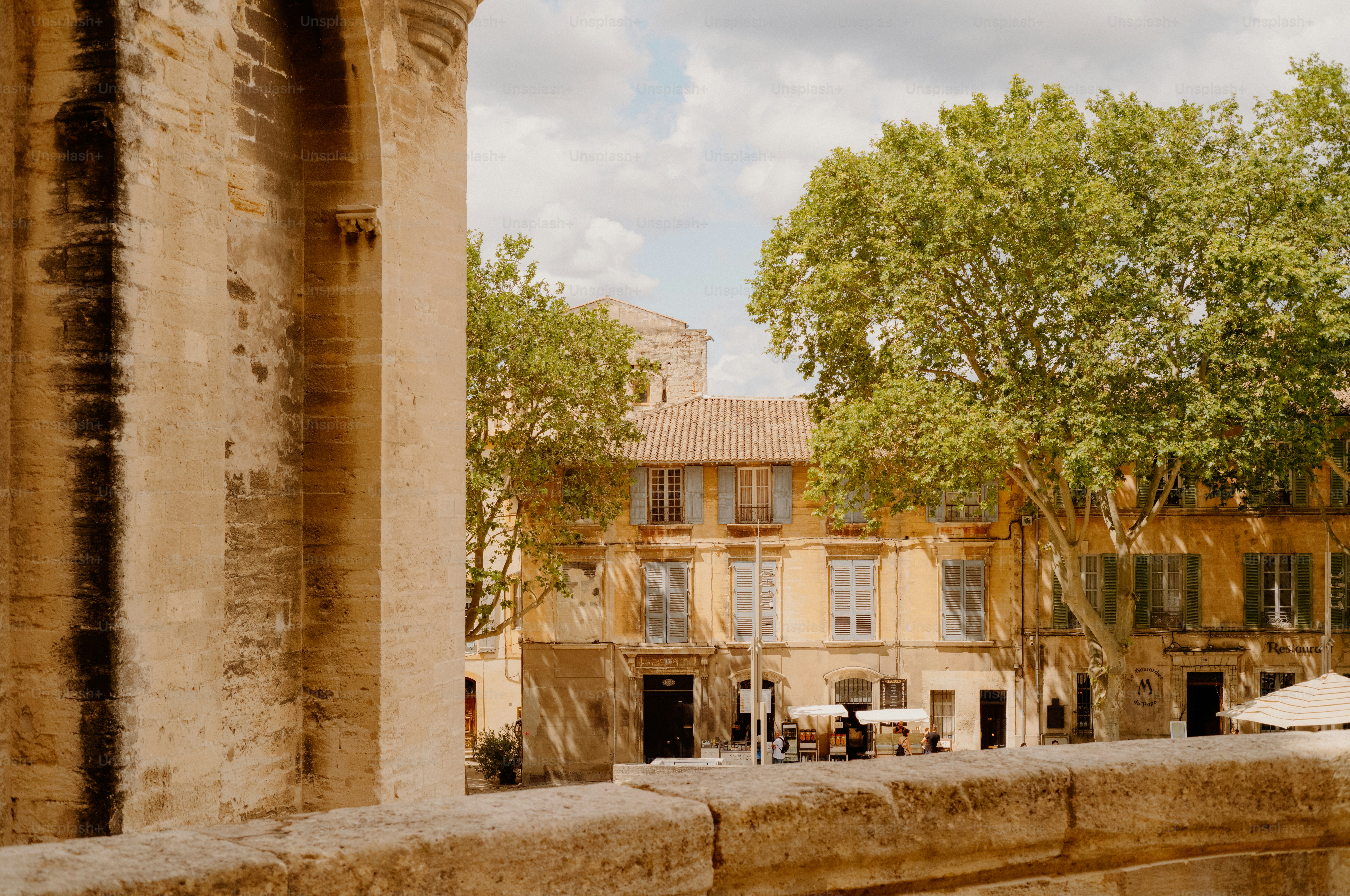 Buildings and trees in a european town square.