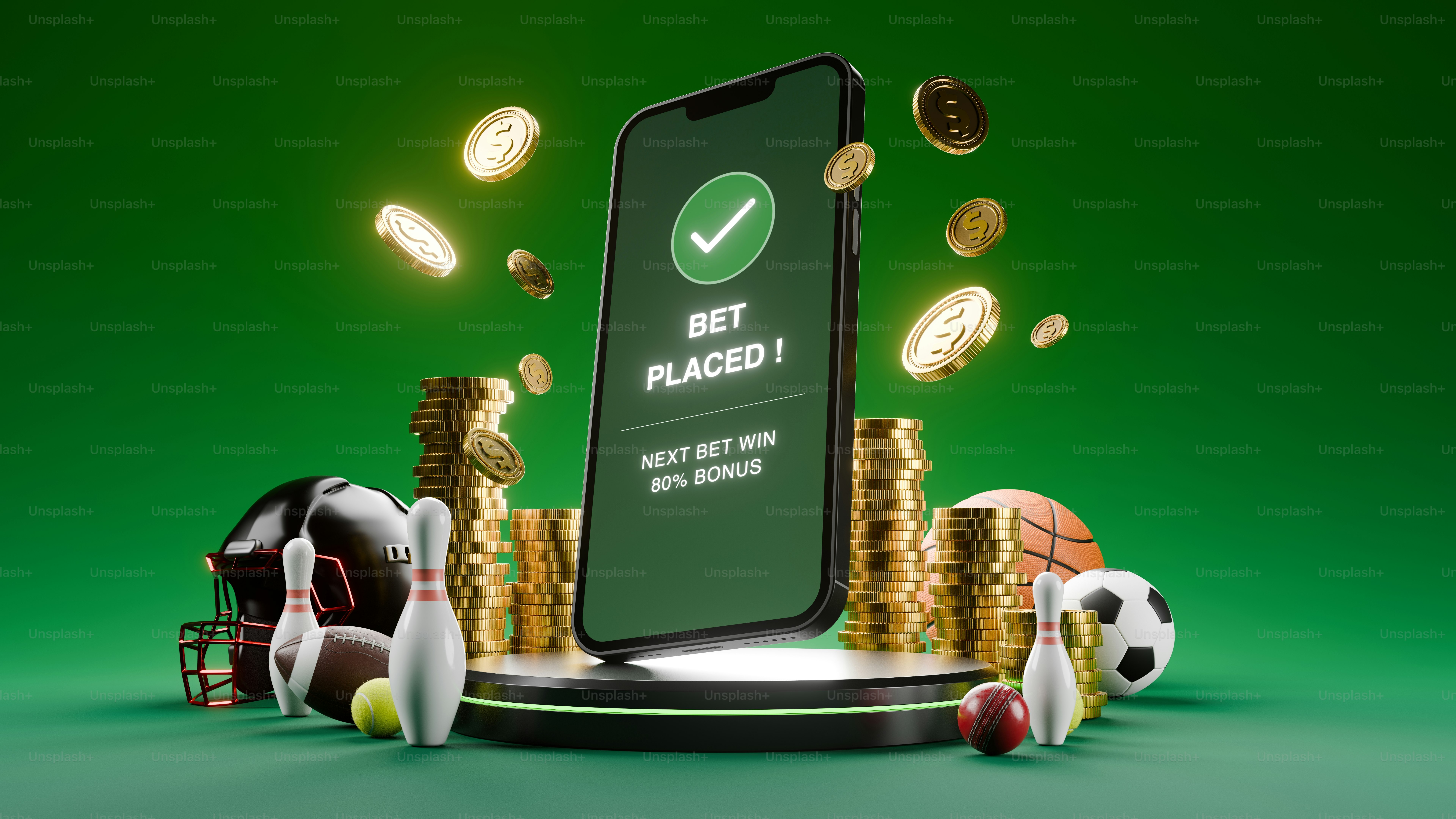 Smartphone displaying bet placed with sports equipment and coins