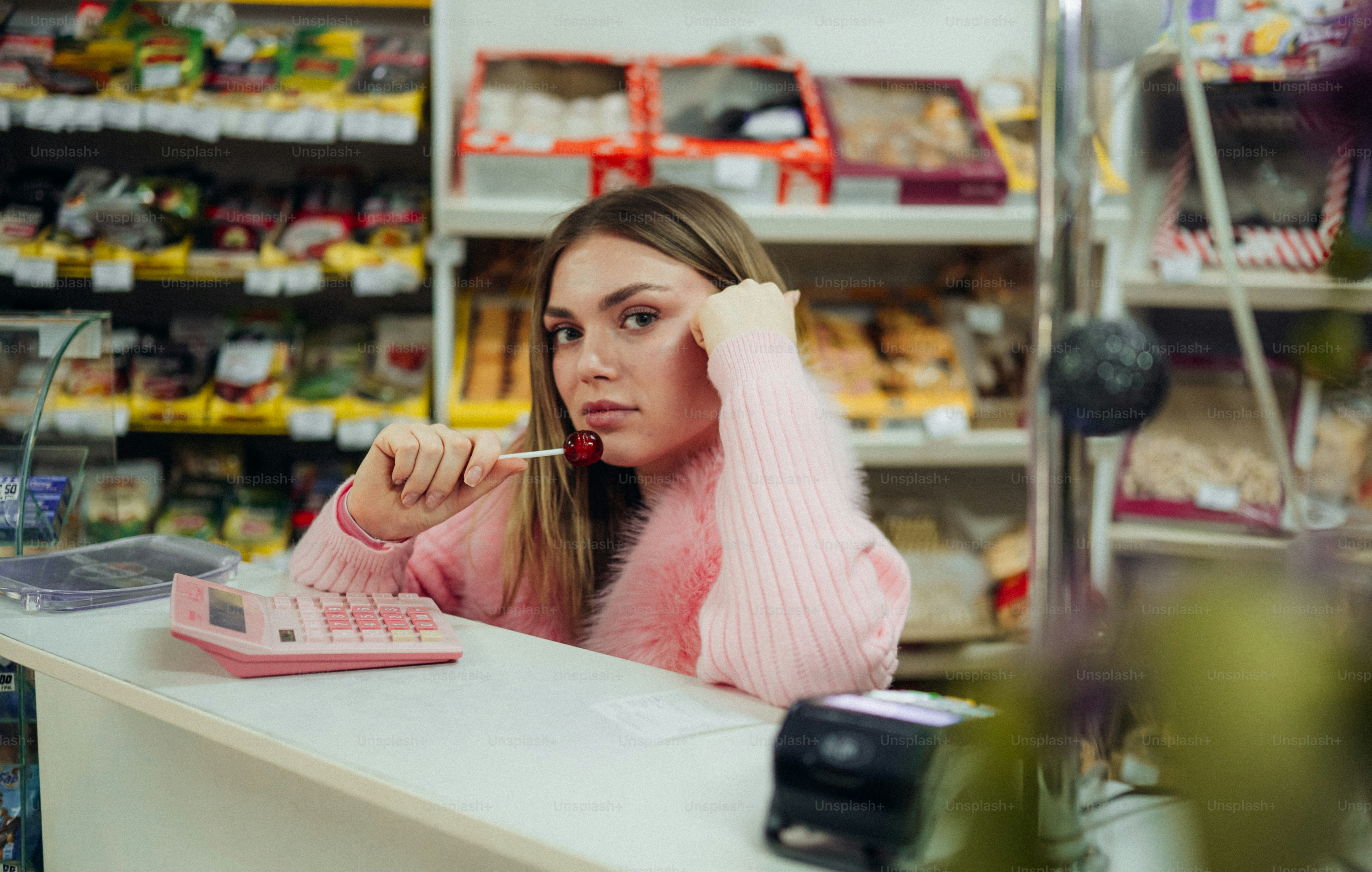 Young woman with lollipop at checkout counter