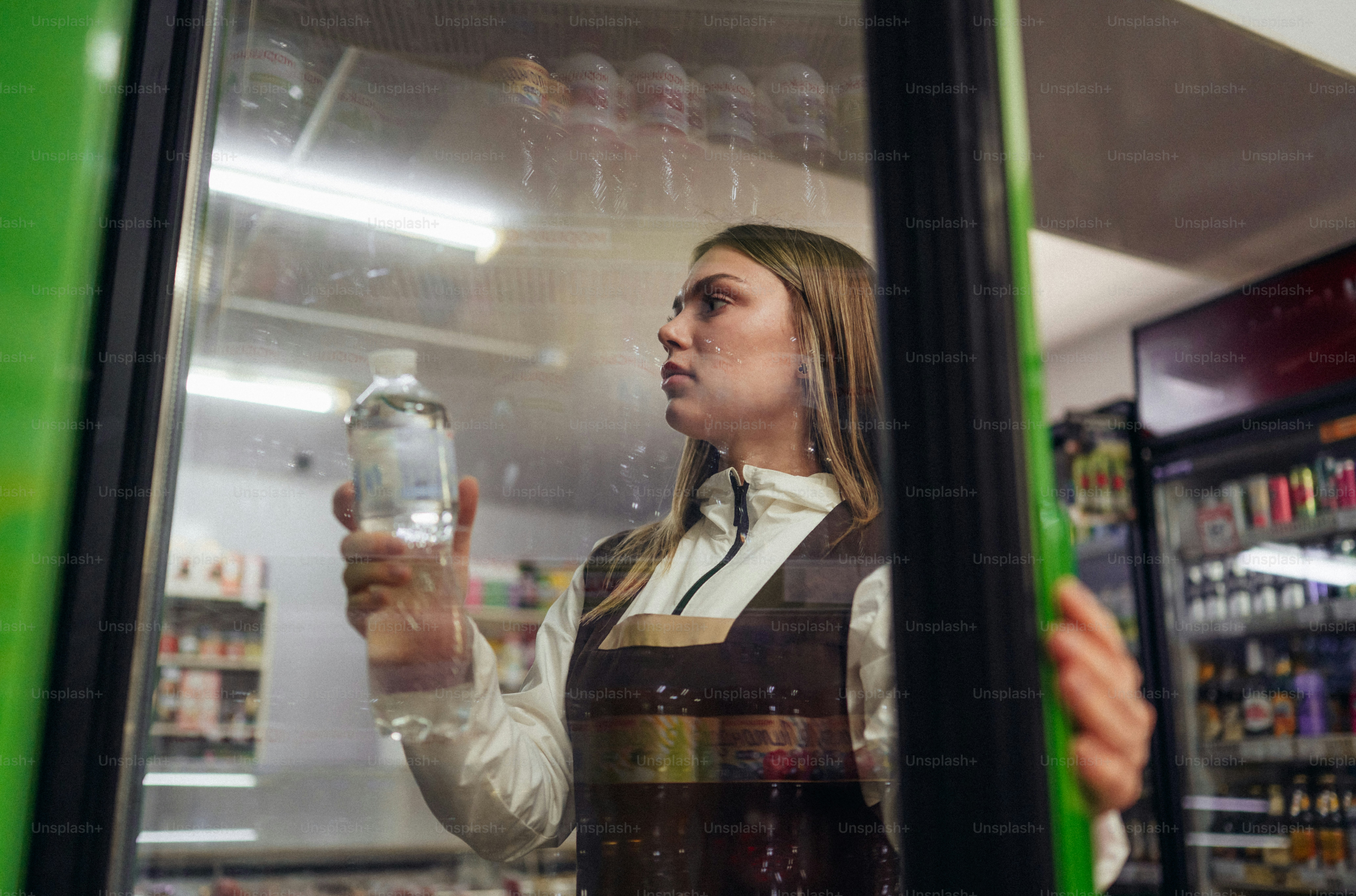 Woman choosing a bottle of water from cooler