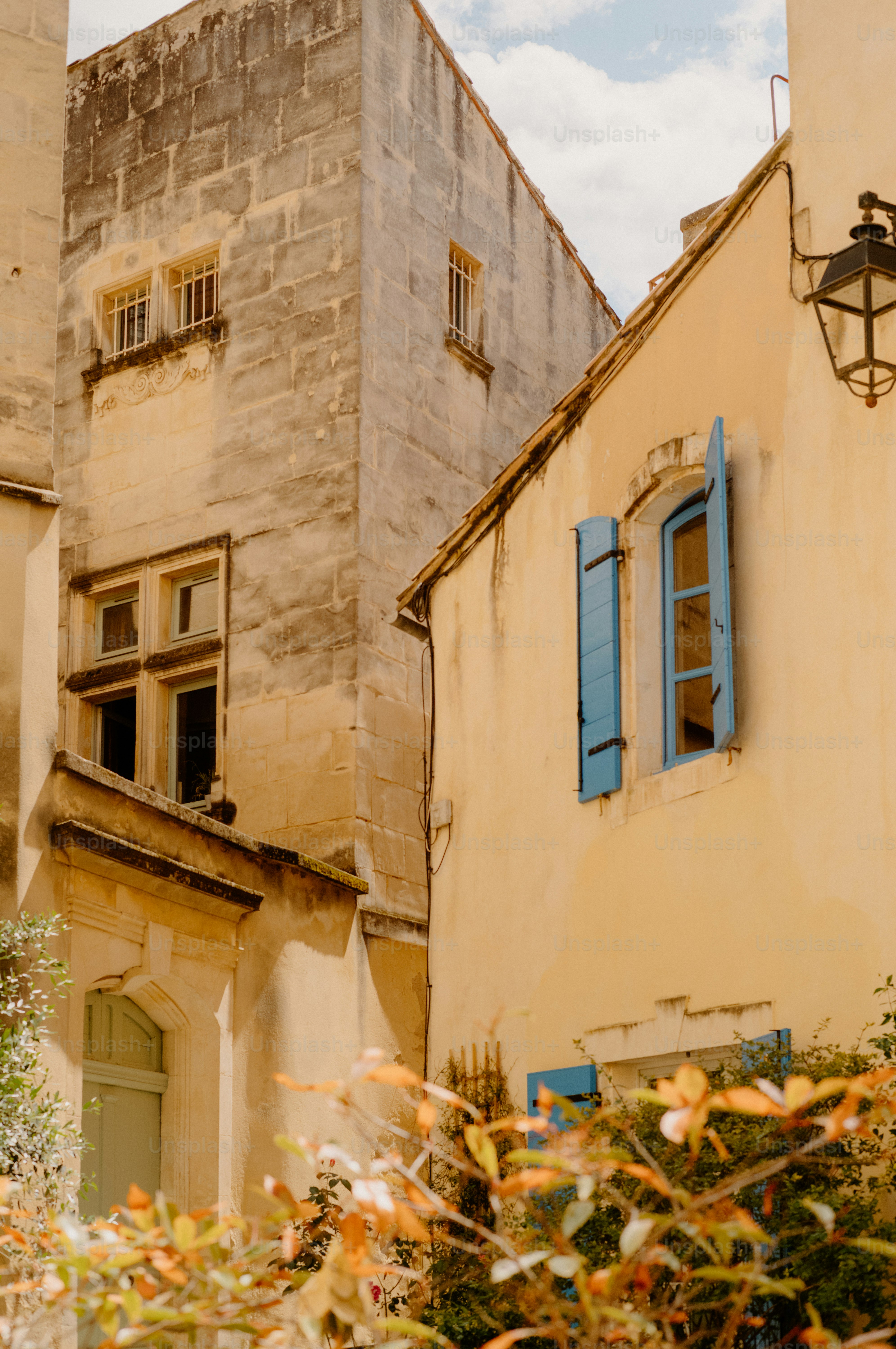 Historic european buildings with blue window shutters and foliage.