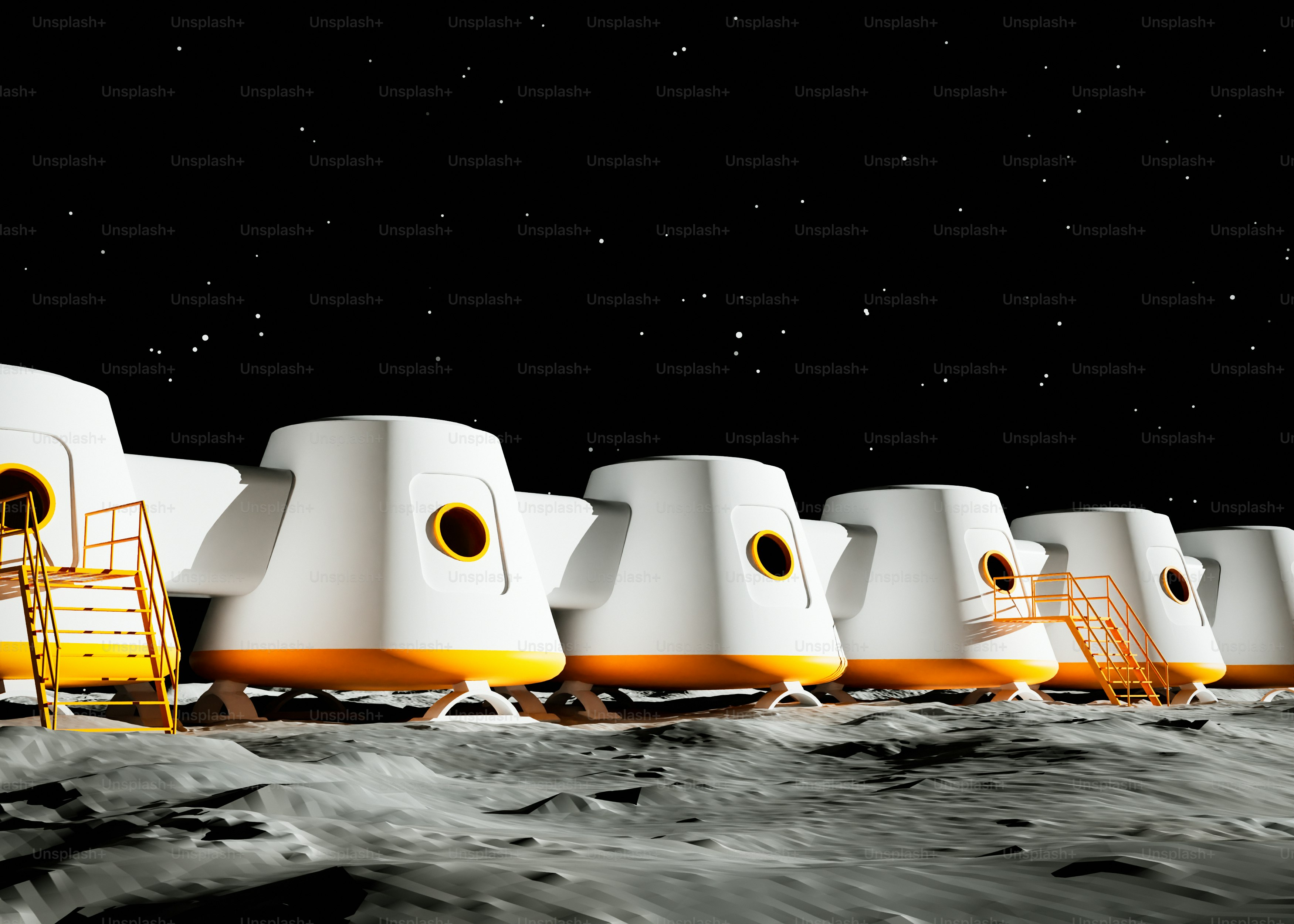 Base lunaire avec habitats modulaires sous ciel étoilé