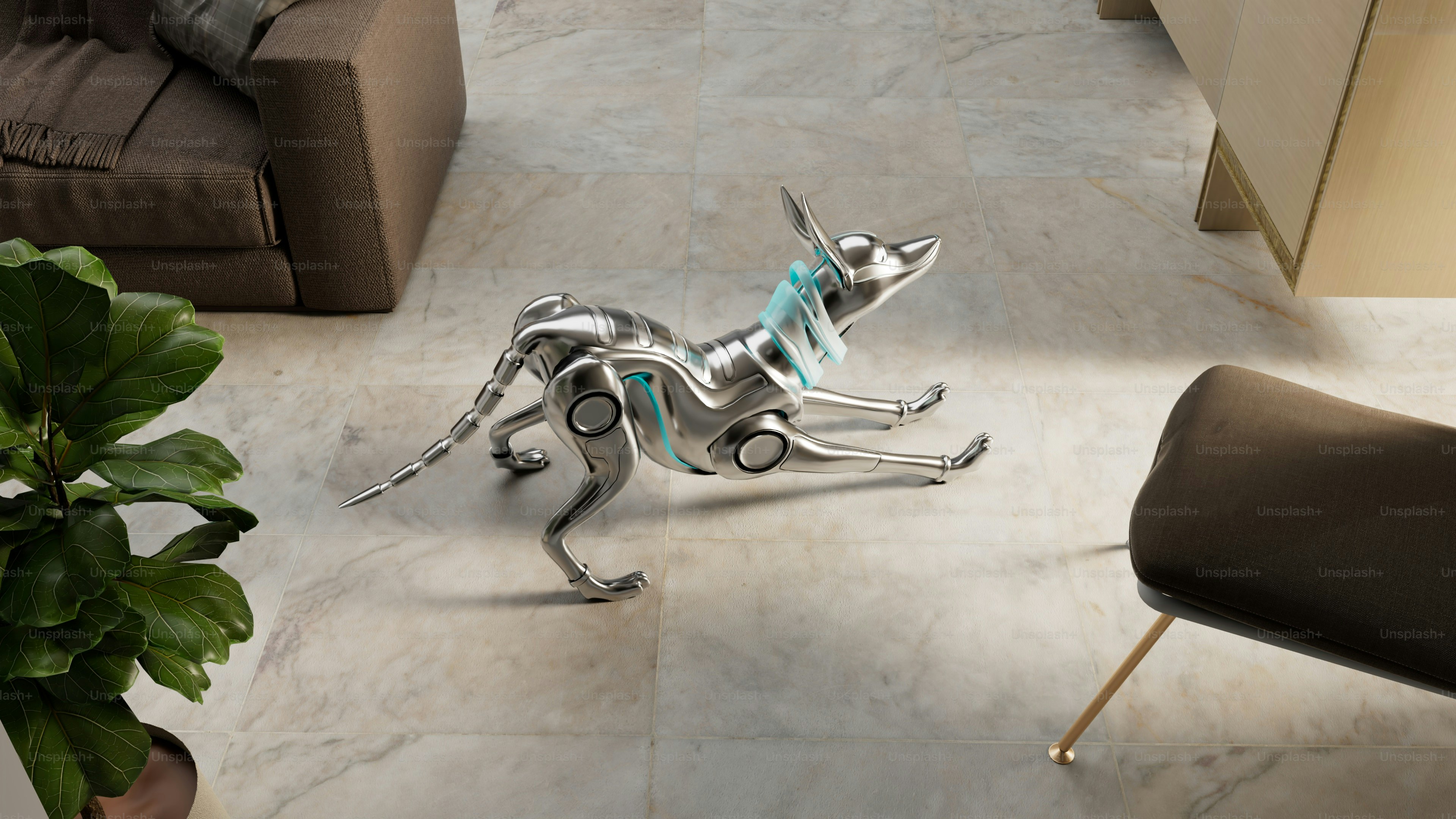 Escultura de cachorro robótico brilhante em um piso de azulejos.