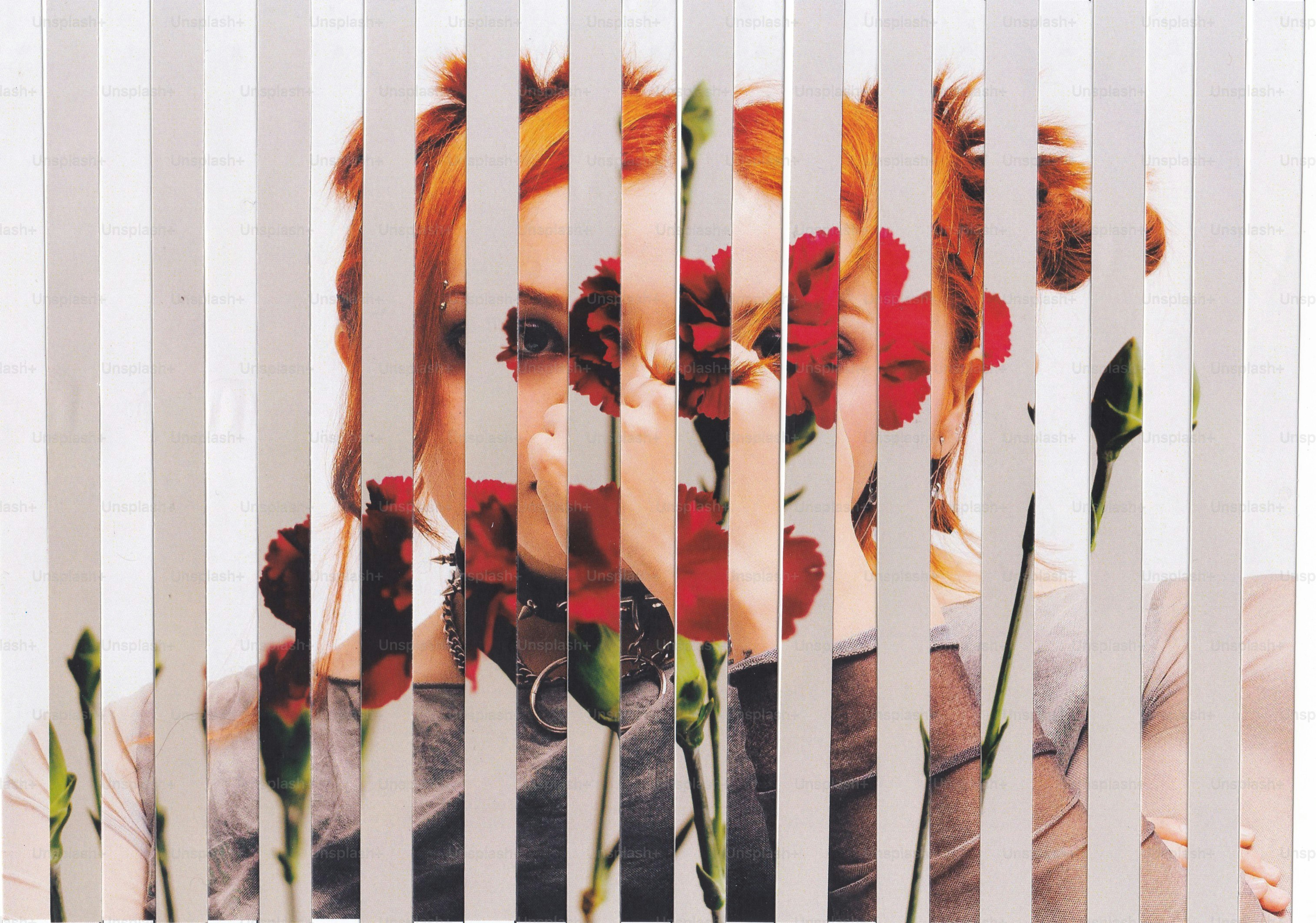 Red-haired woman with flowers, viewed through vertical white strips.