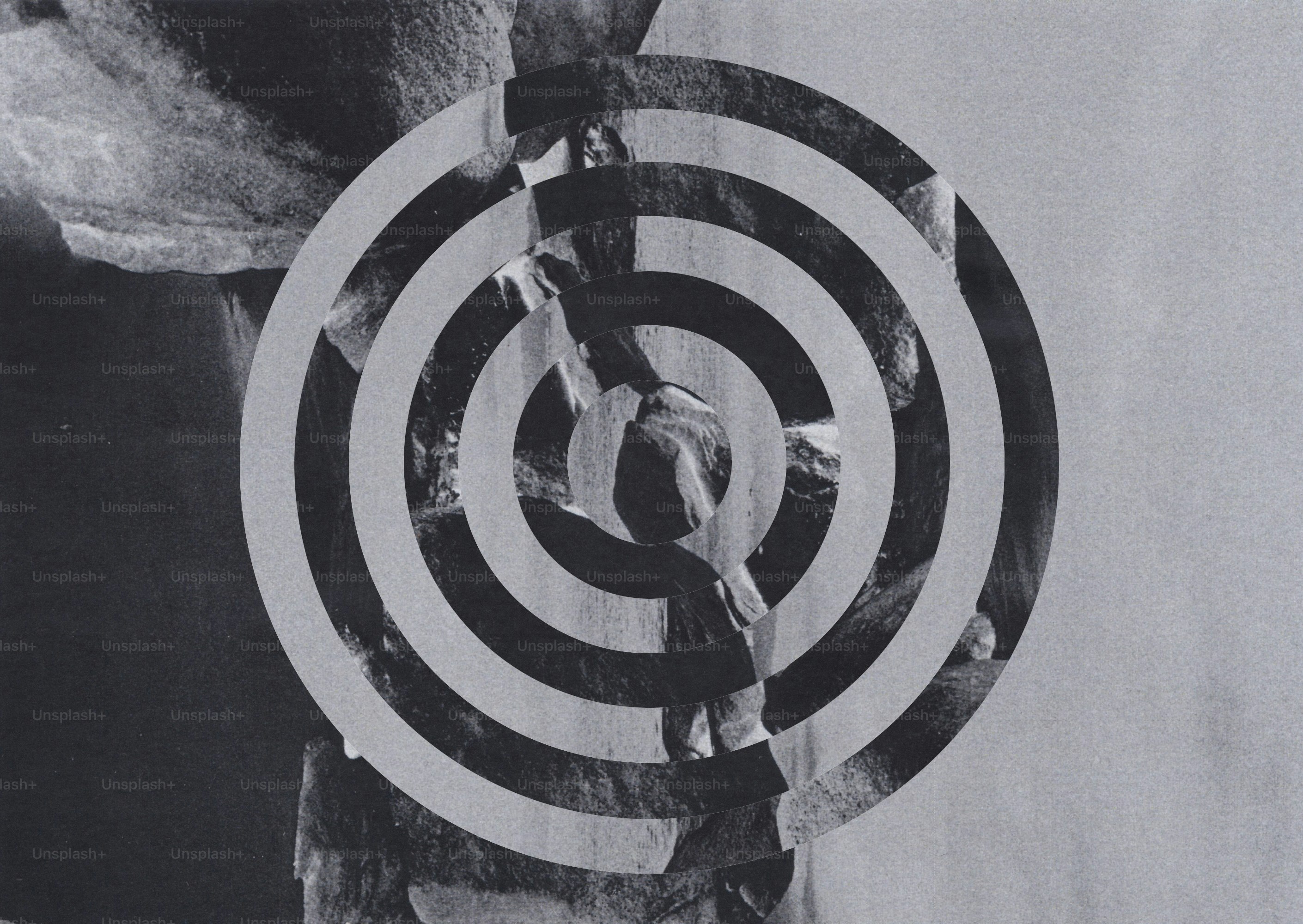 Concentric rings overlay abstract black and white background.