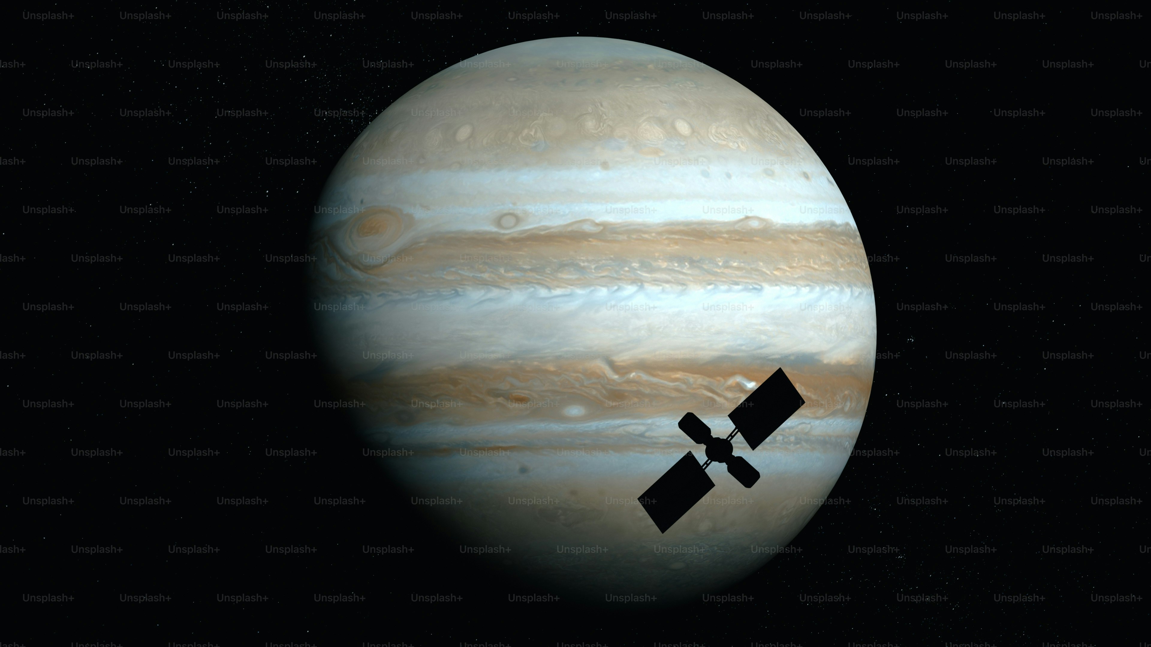 Jupiter with a black satellite icon in space.