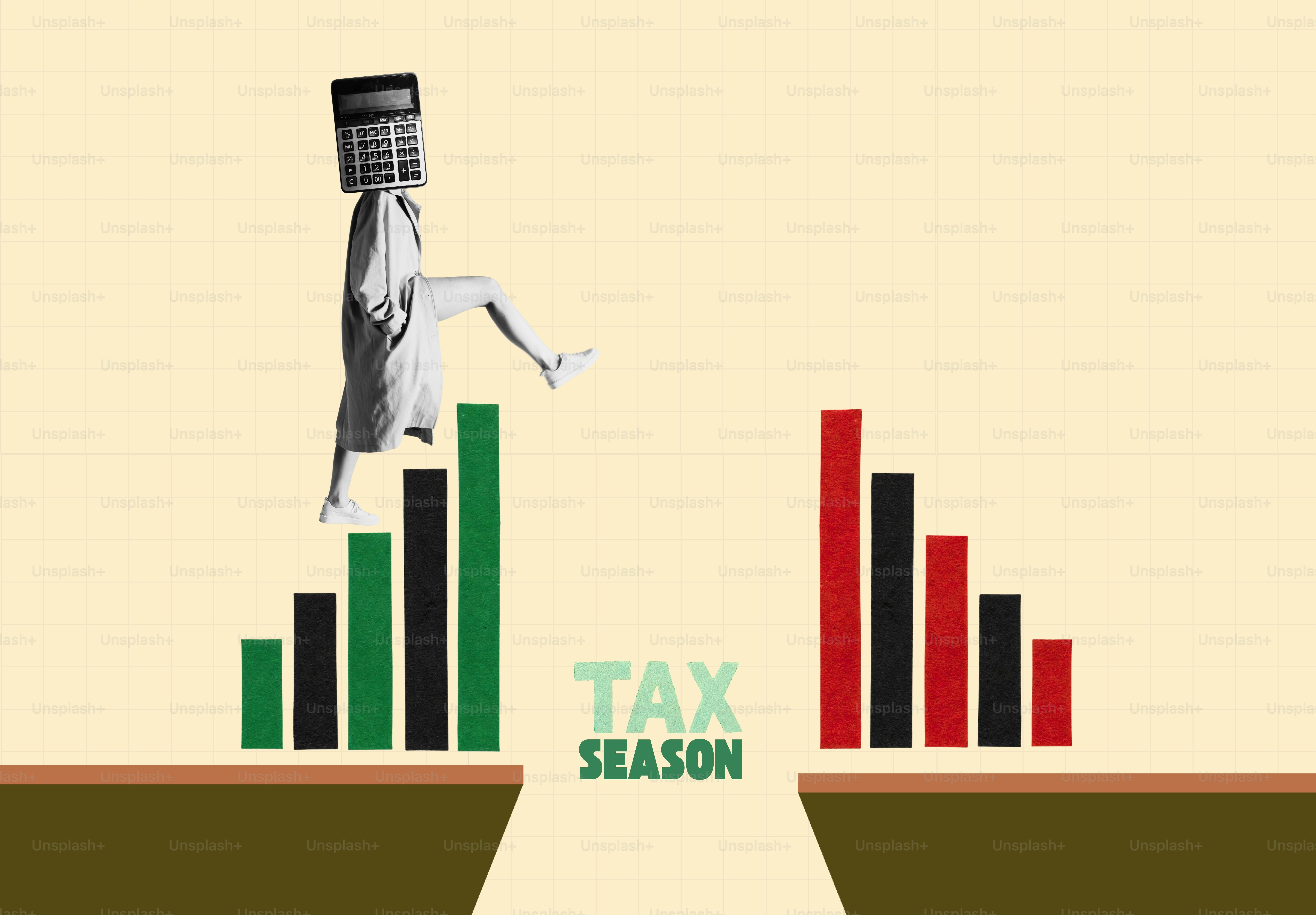 Calculator-headed person steps over "tax season" financial gap.