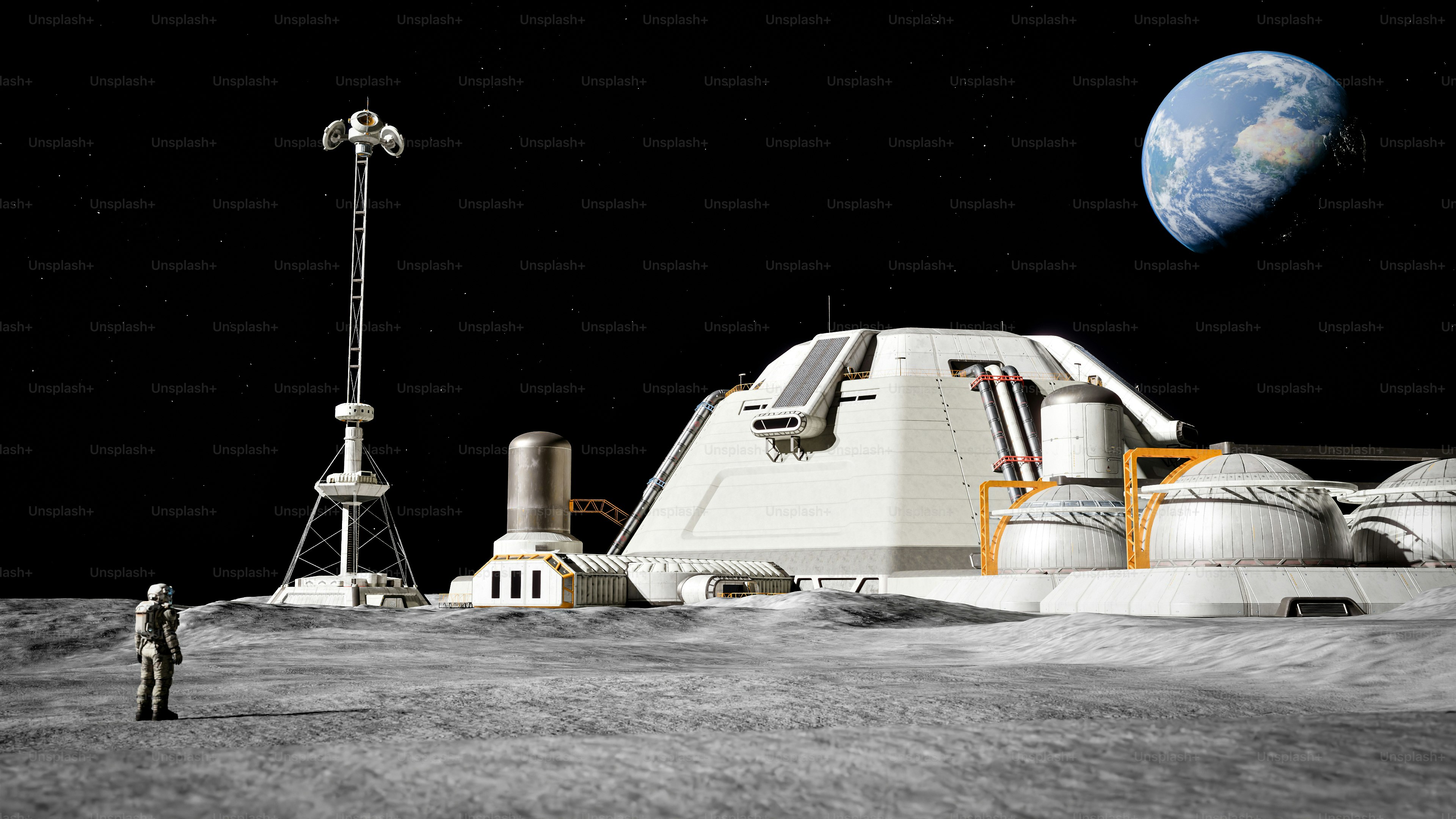 An astronaut stands near a moon base with earth visible. photo ...