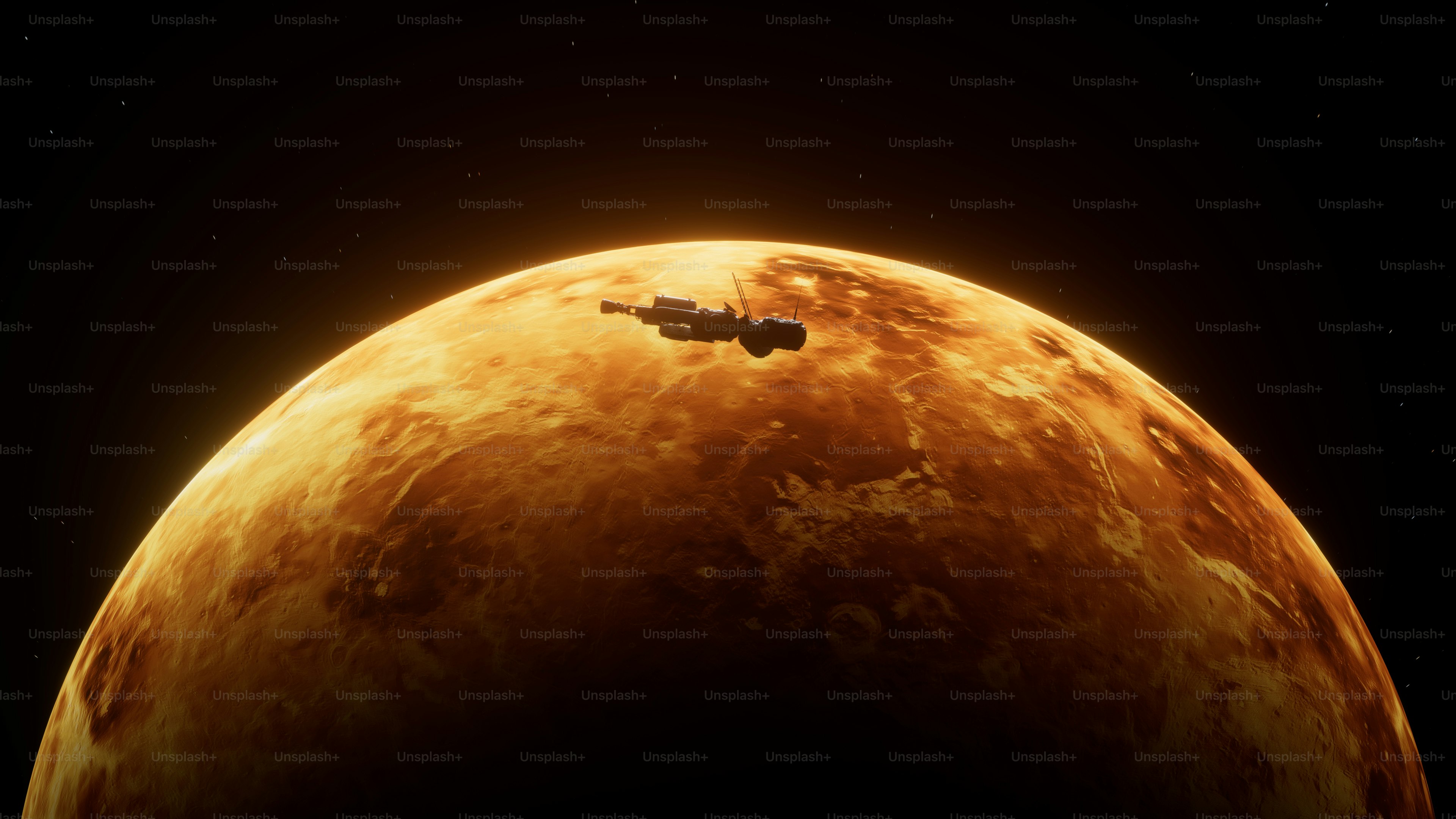 A spaceship orbits a glowing orange planet in space.