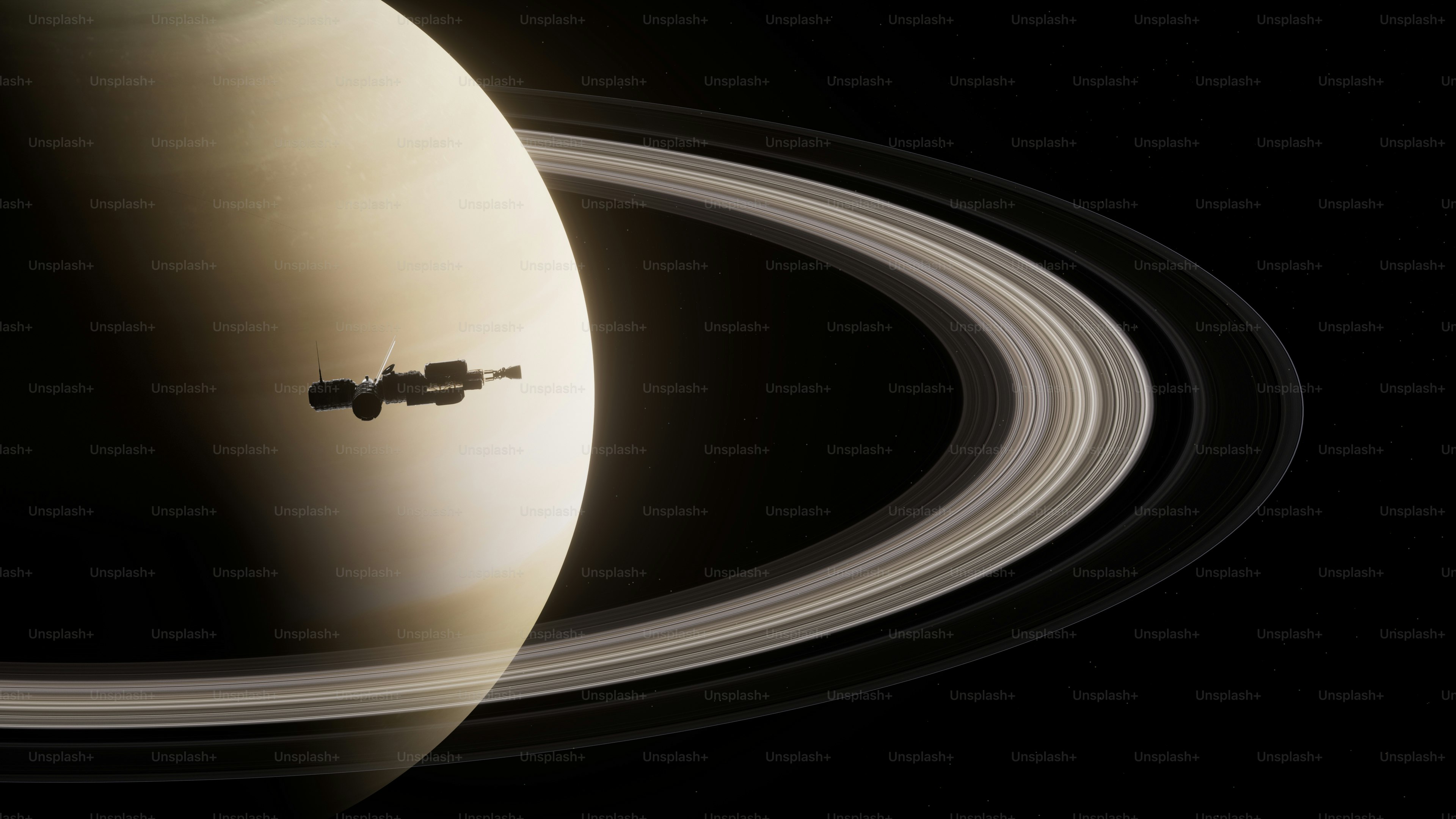 A spacecraft orbiting a ringed planet in dark space.