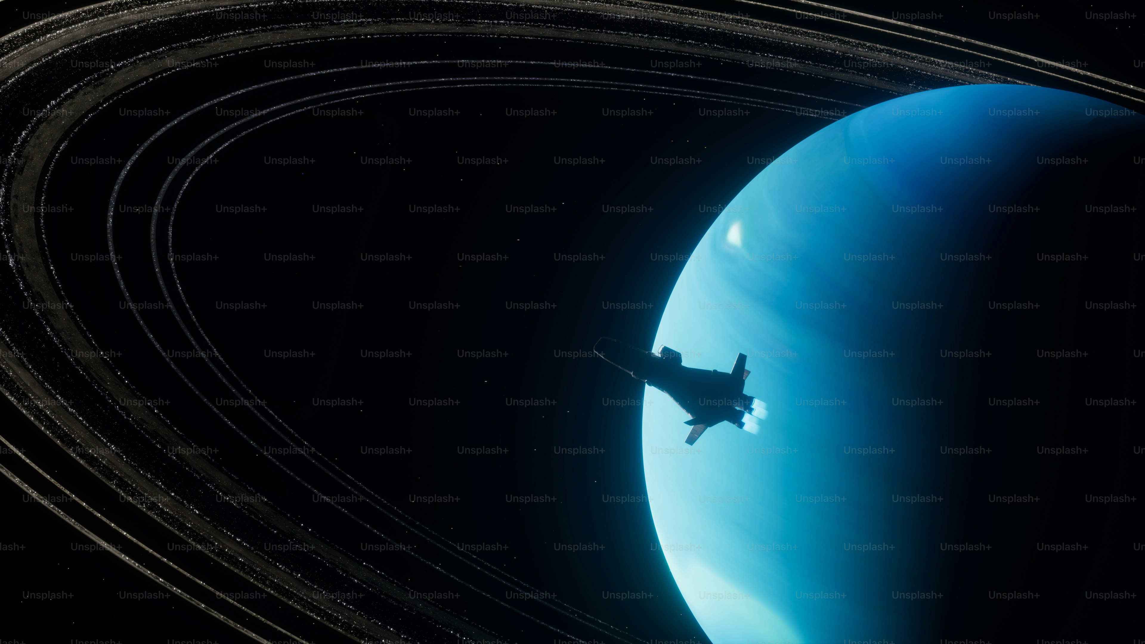 A spacecraft orbits a ringed blue planet in deep space.