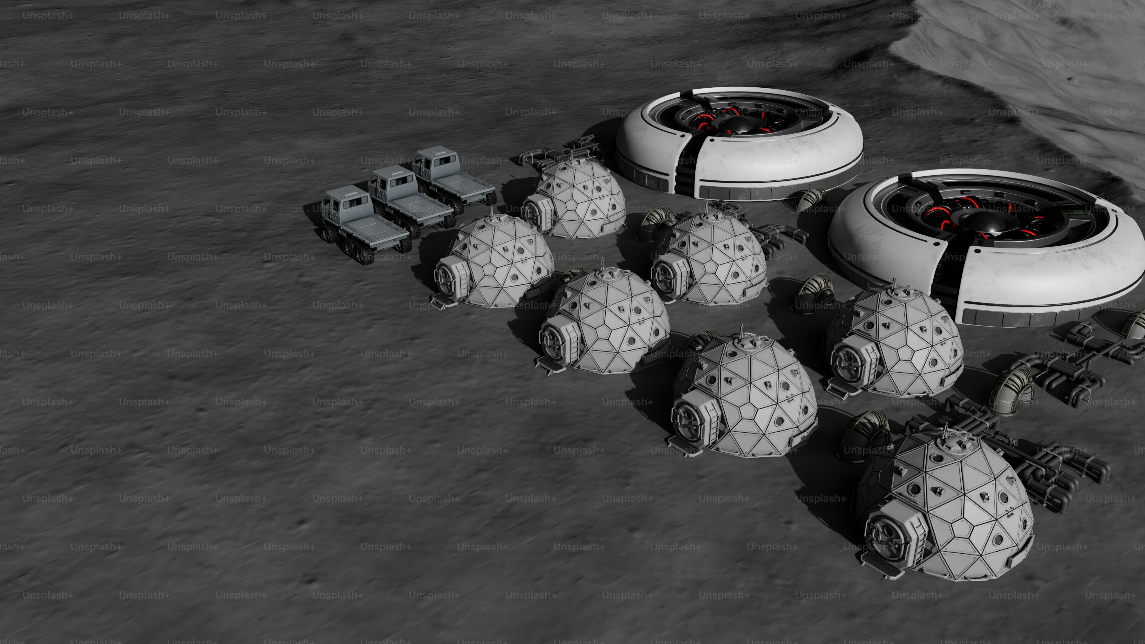 Uma base lunar futurista com habitats em forma de cúpula e veículos.