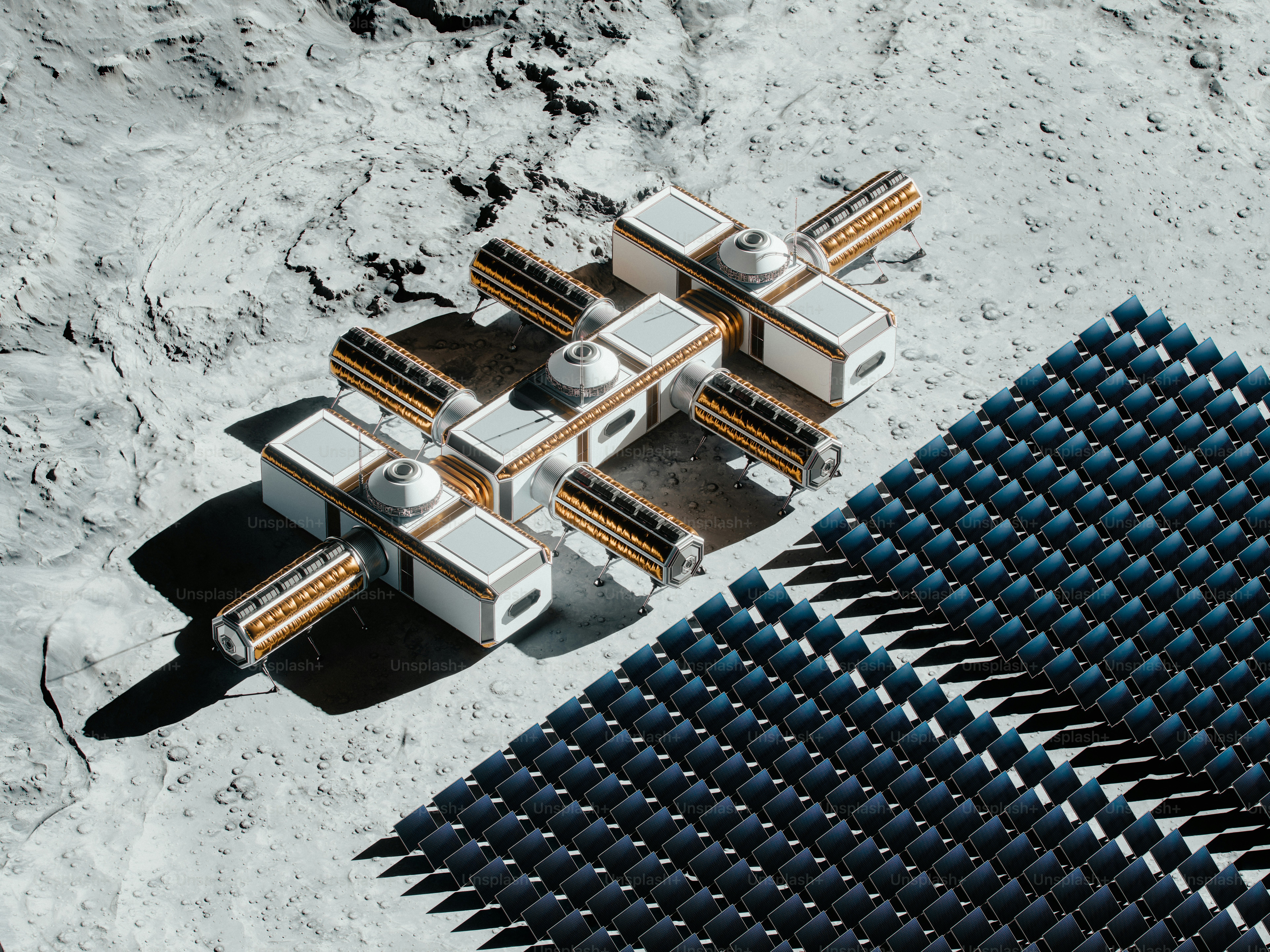 Lunar colony with modules and large solar panel array. photo ...