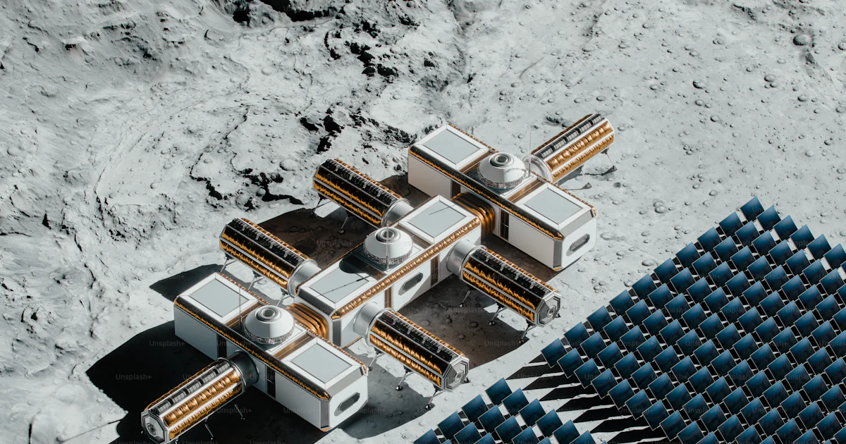 Lunar colony with modules and large solar panel array. photo ...