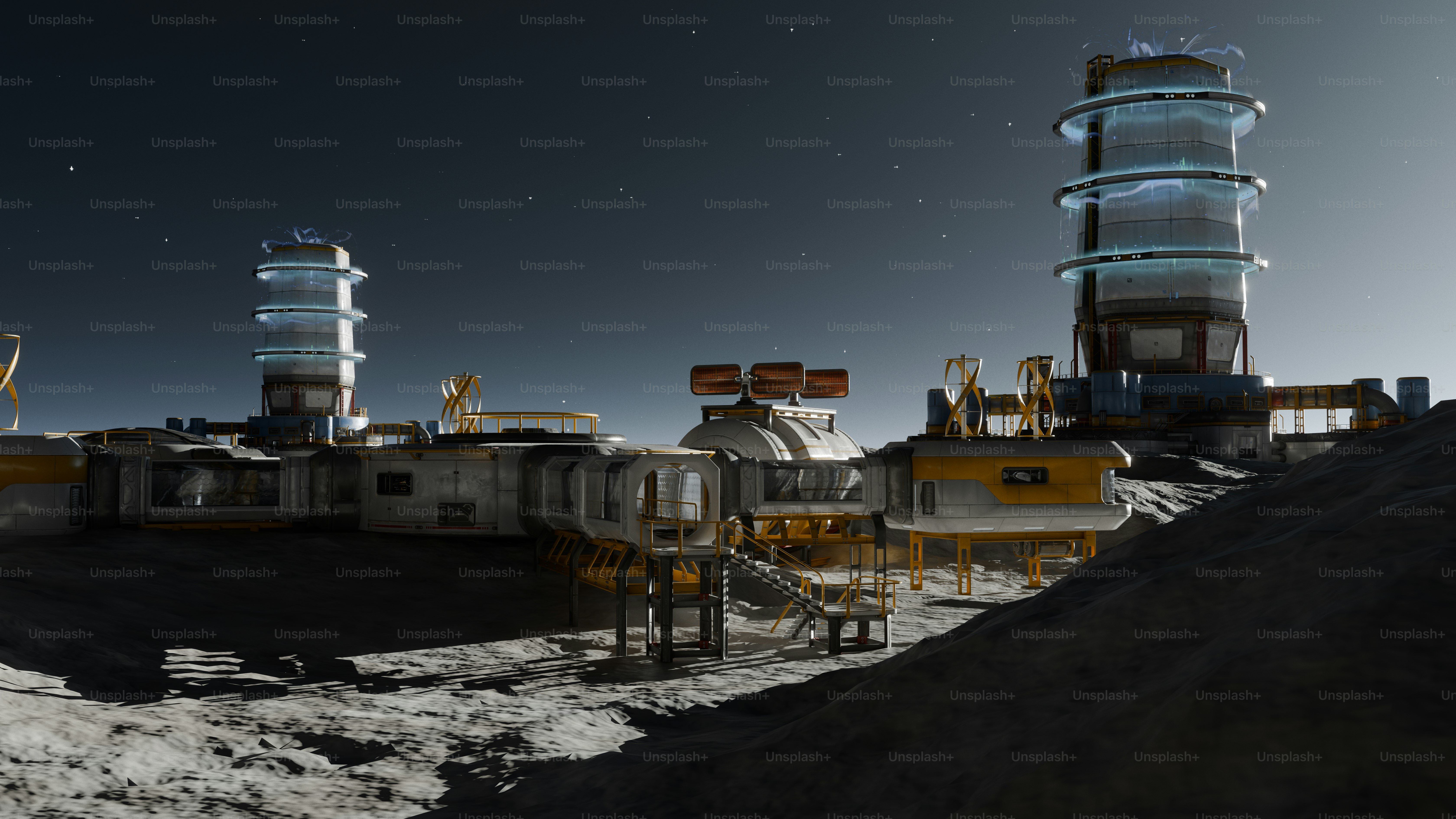 Futuristic lunar base on the moon under a starry sky.