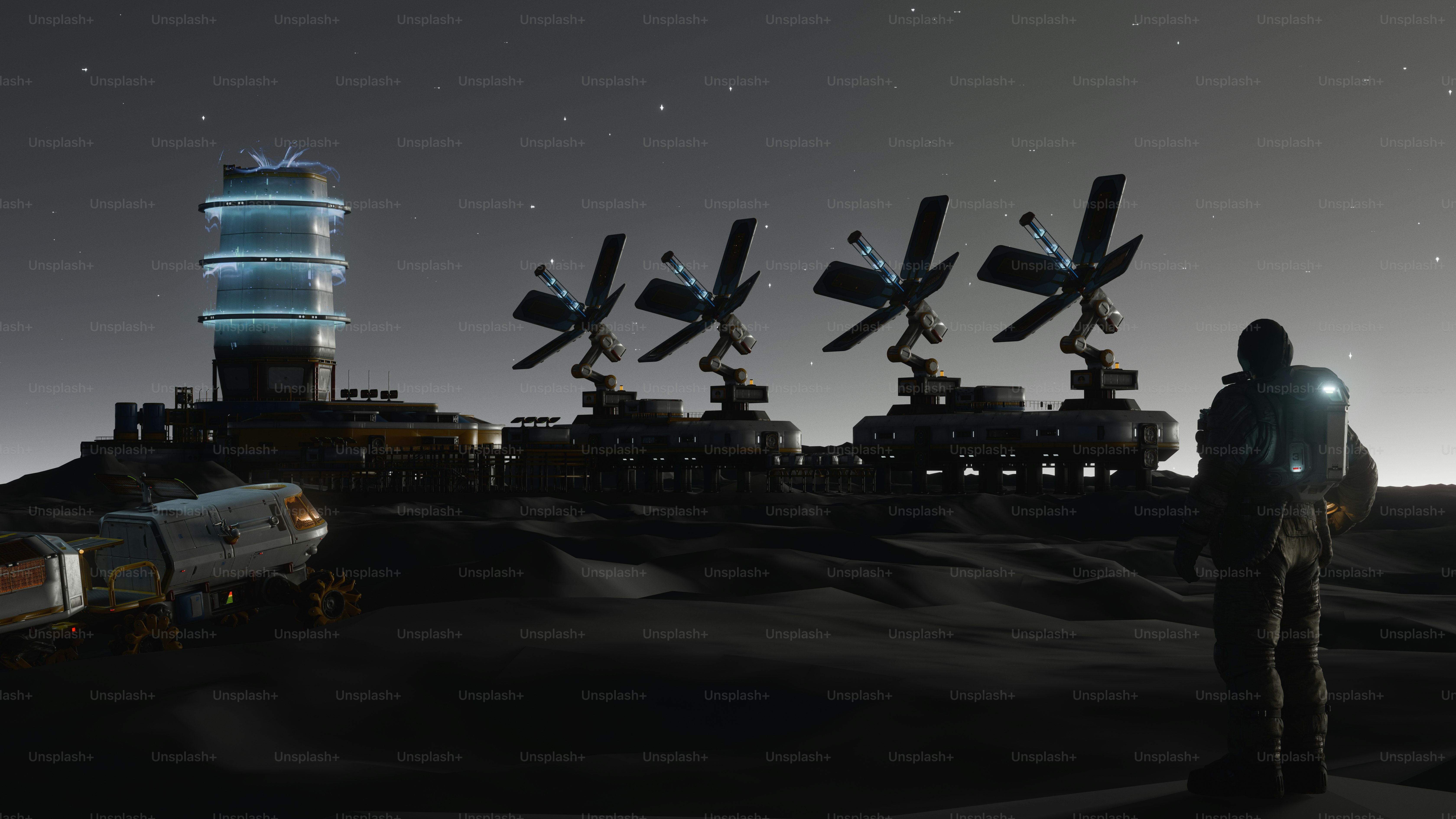 Astronaut views futuristic space base on dark planet.