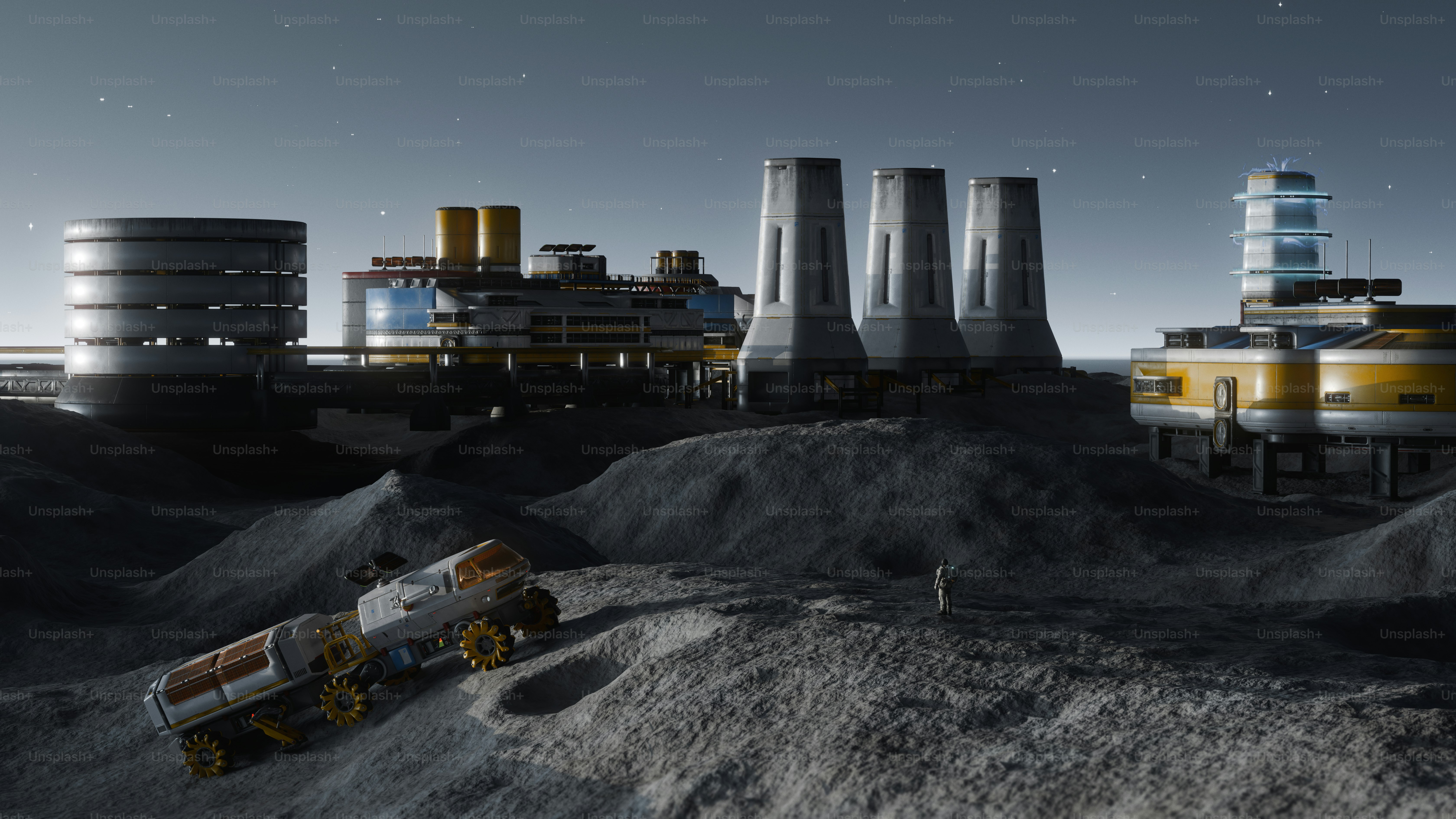 Astronaut and rovers explore a futuristic lunar base.