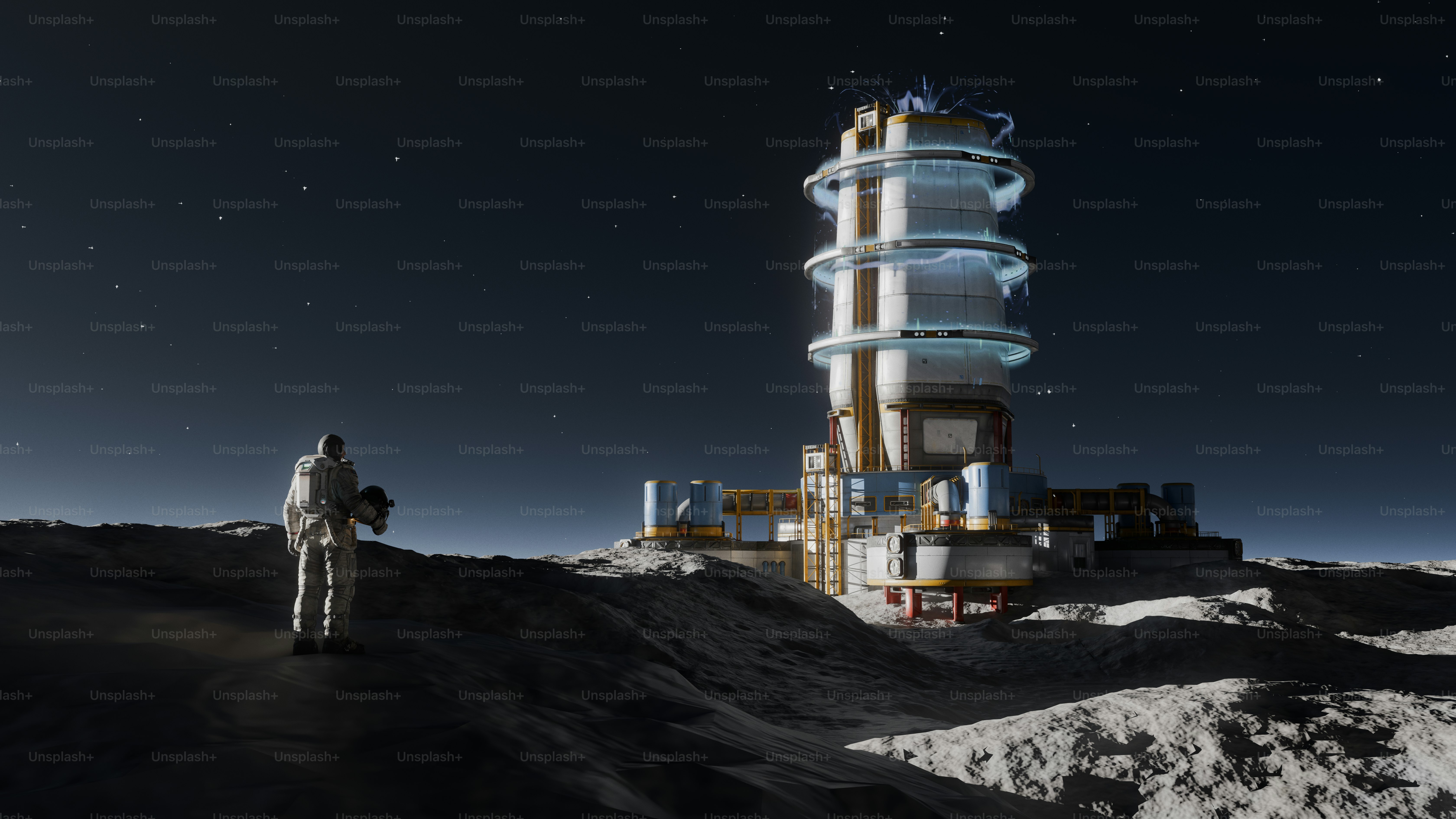 Astronaut approaching a futuristic lunar base.