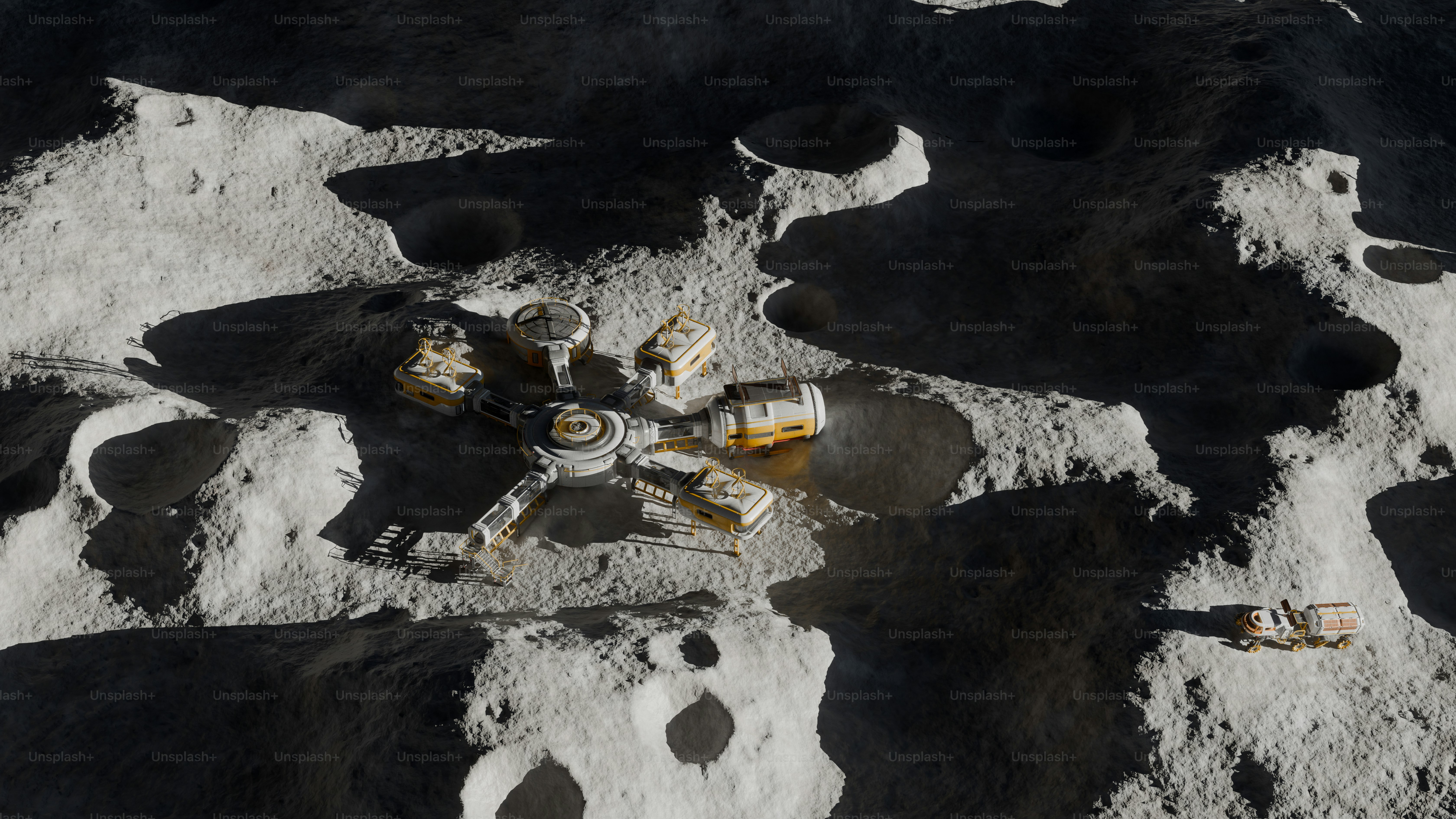 A small structure on a cratered lunar surface.