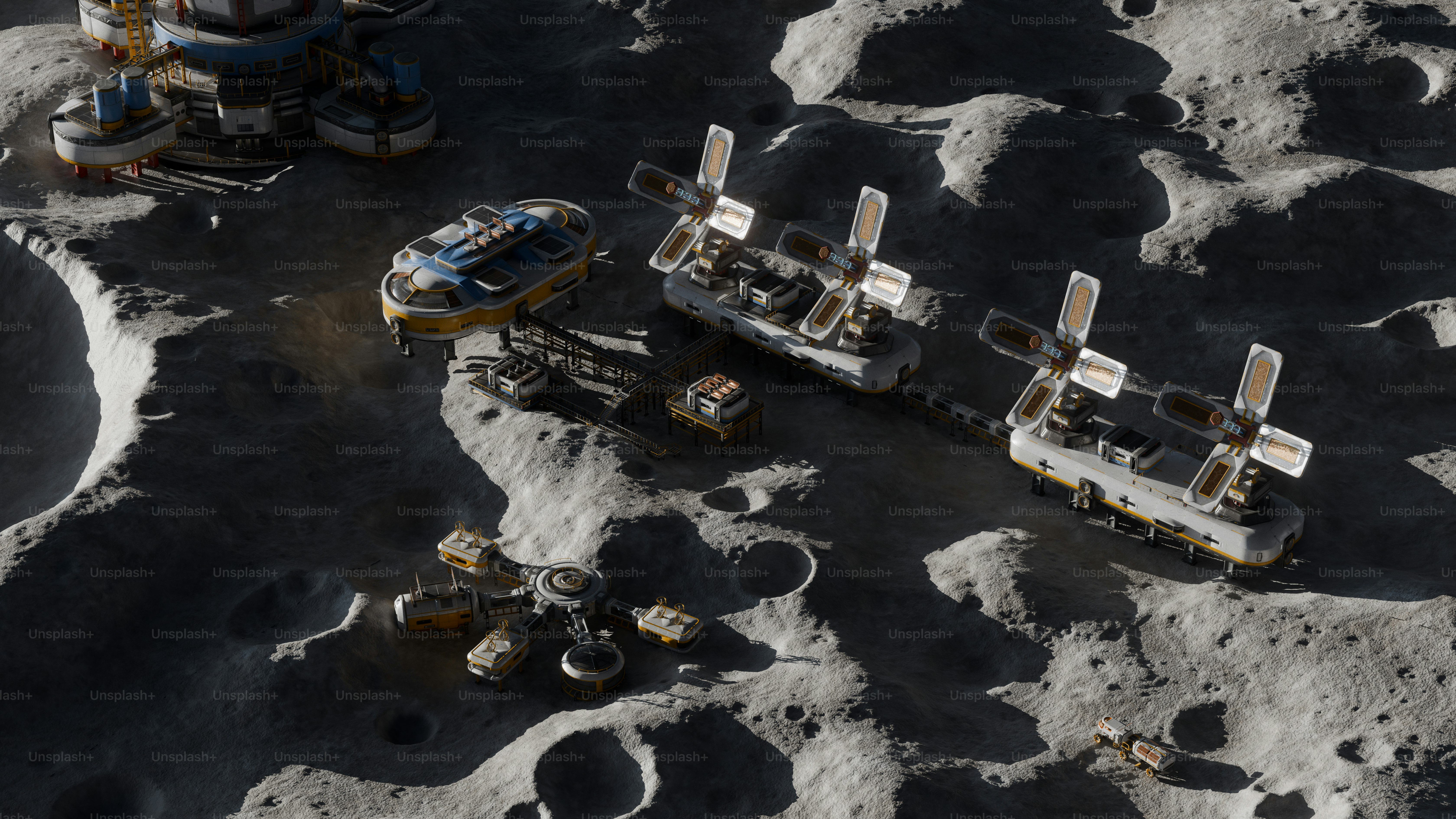 A futuristic moon base with vehicles on a cratered surface.