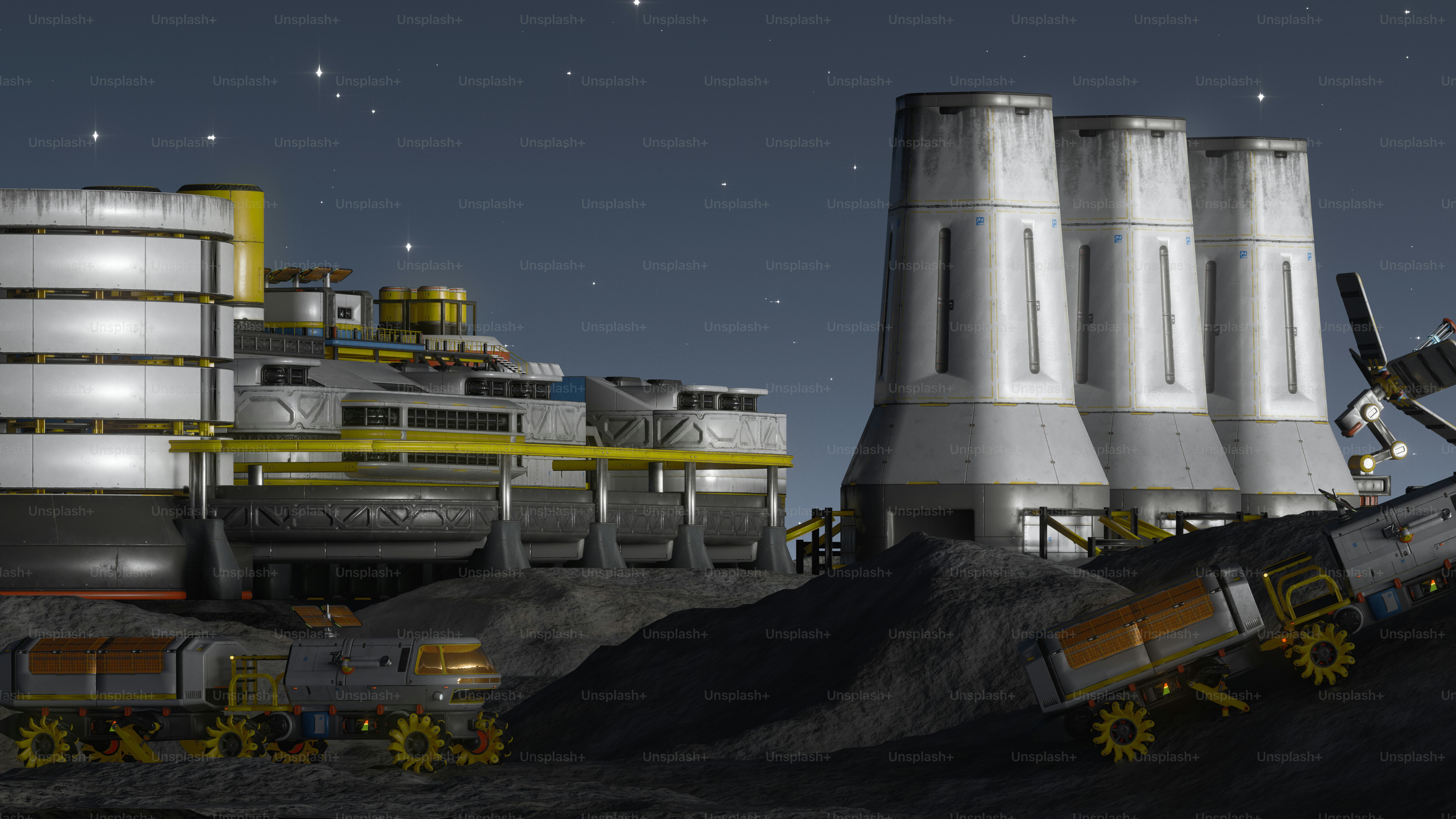 Futuristic industrial base on a rocky alien landscape at night.