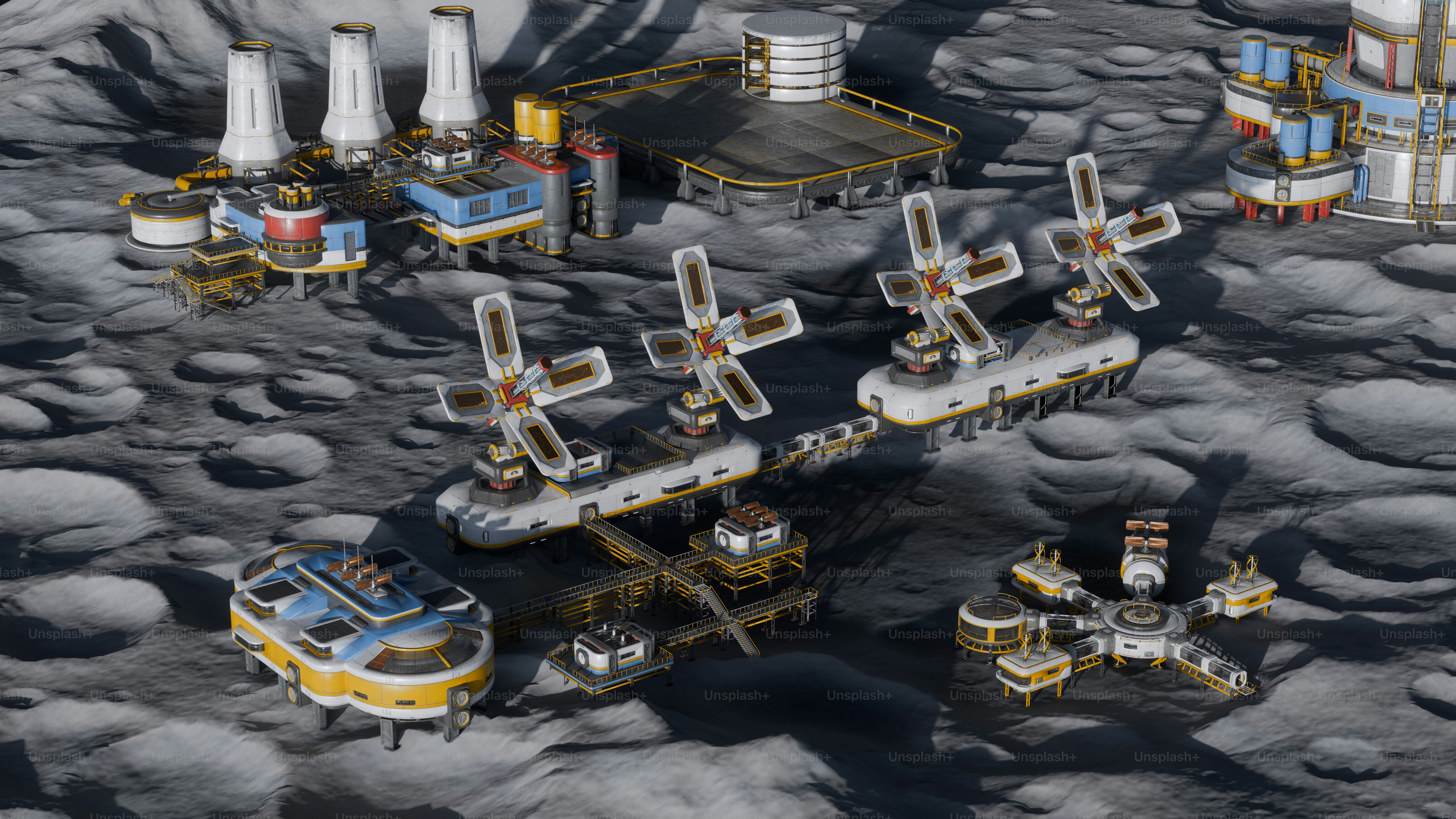 A futuristic moon base with industrial structures and vehicles.