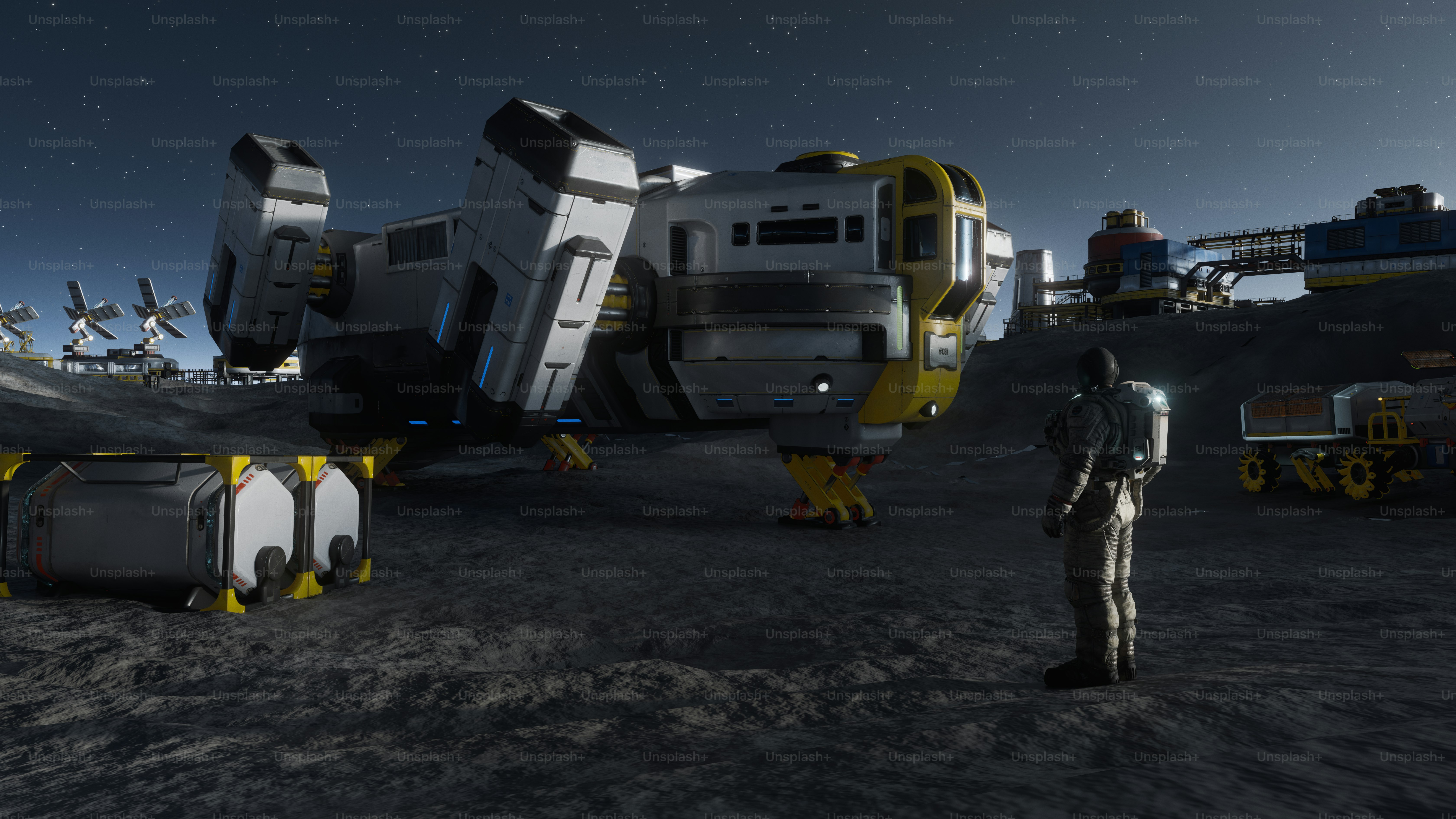 Astronaut observes large spacecraft on a desolate moonscape.