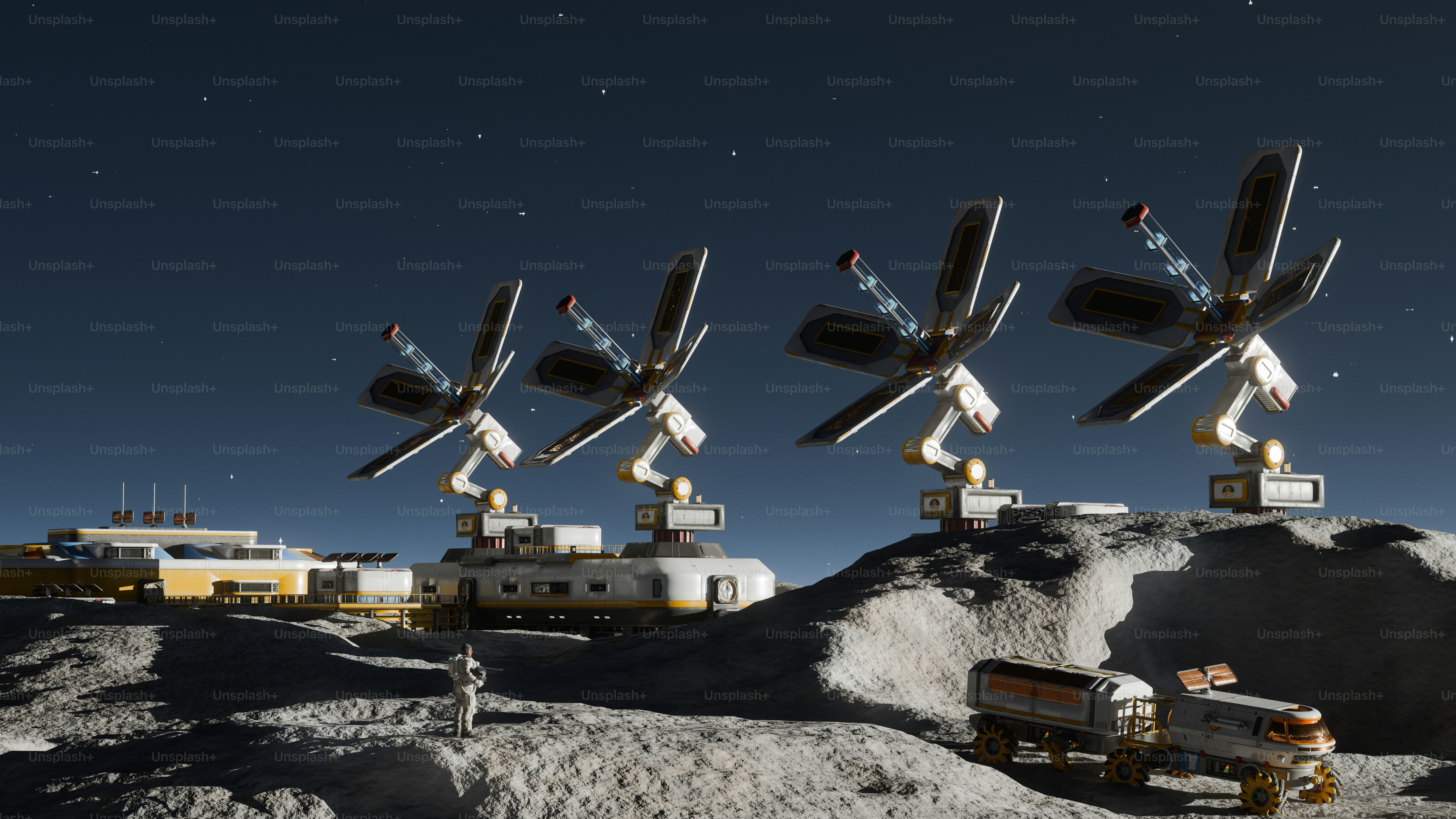Futuristic lunar outpost with communication dishes and vehicles.