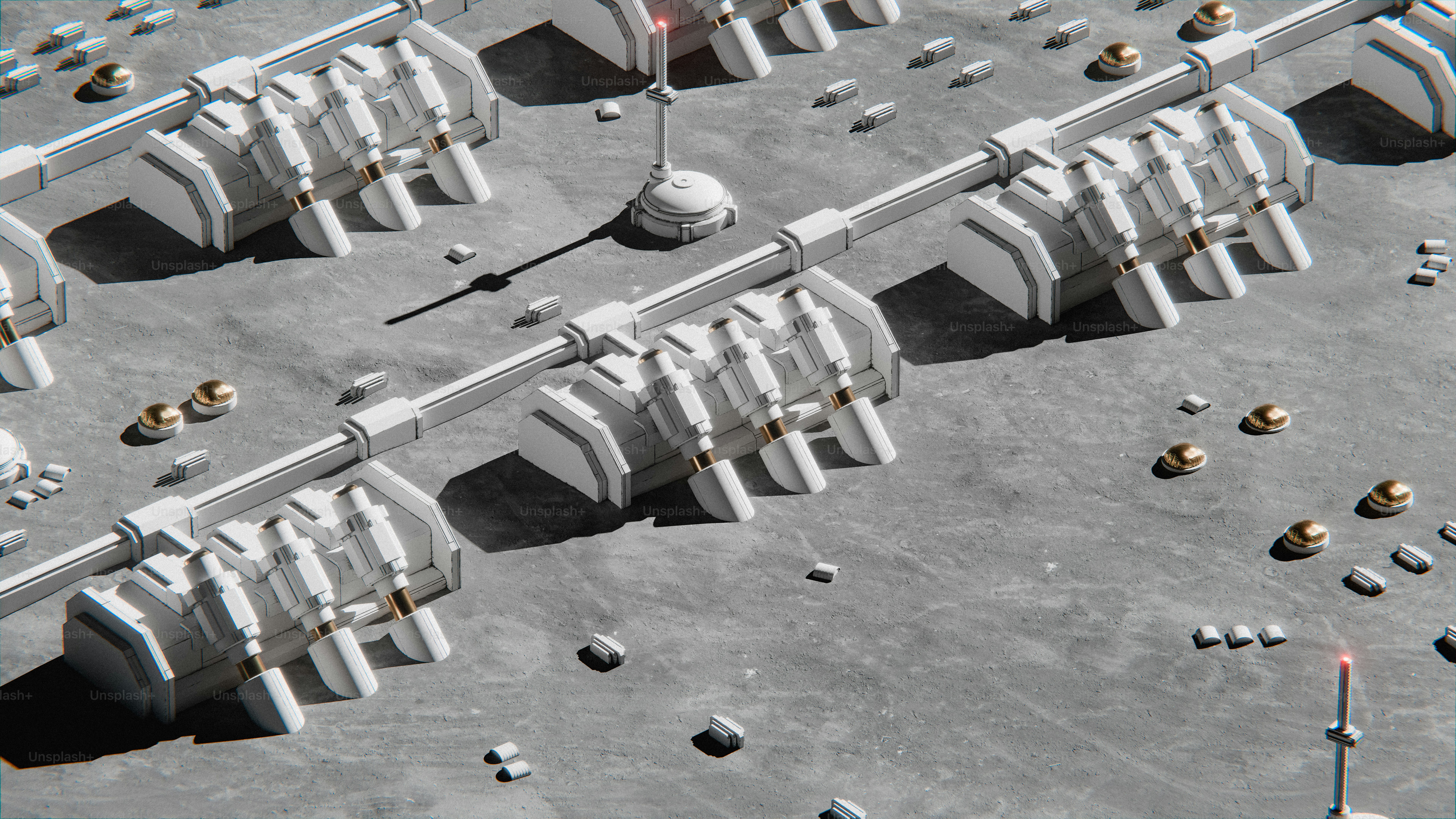 Futuristic lunar base with white modular structures