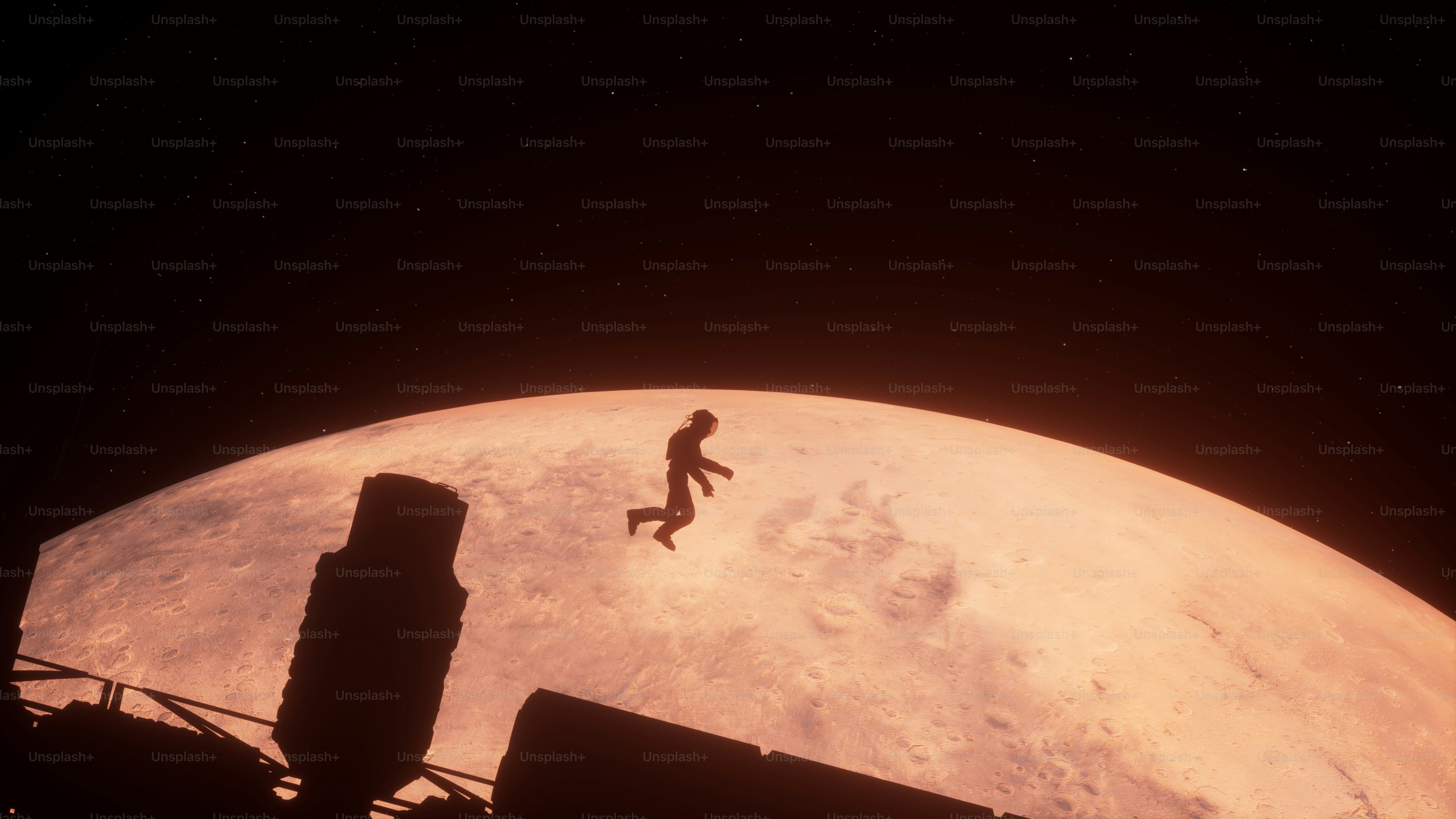 Astronaut floating above a desolate red planet.
