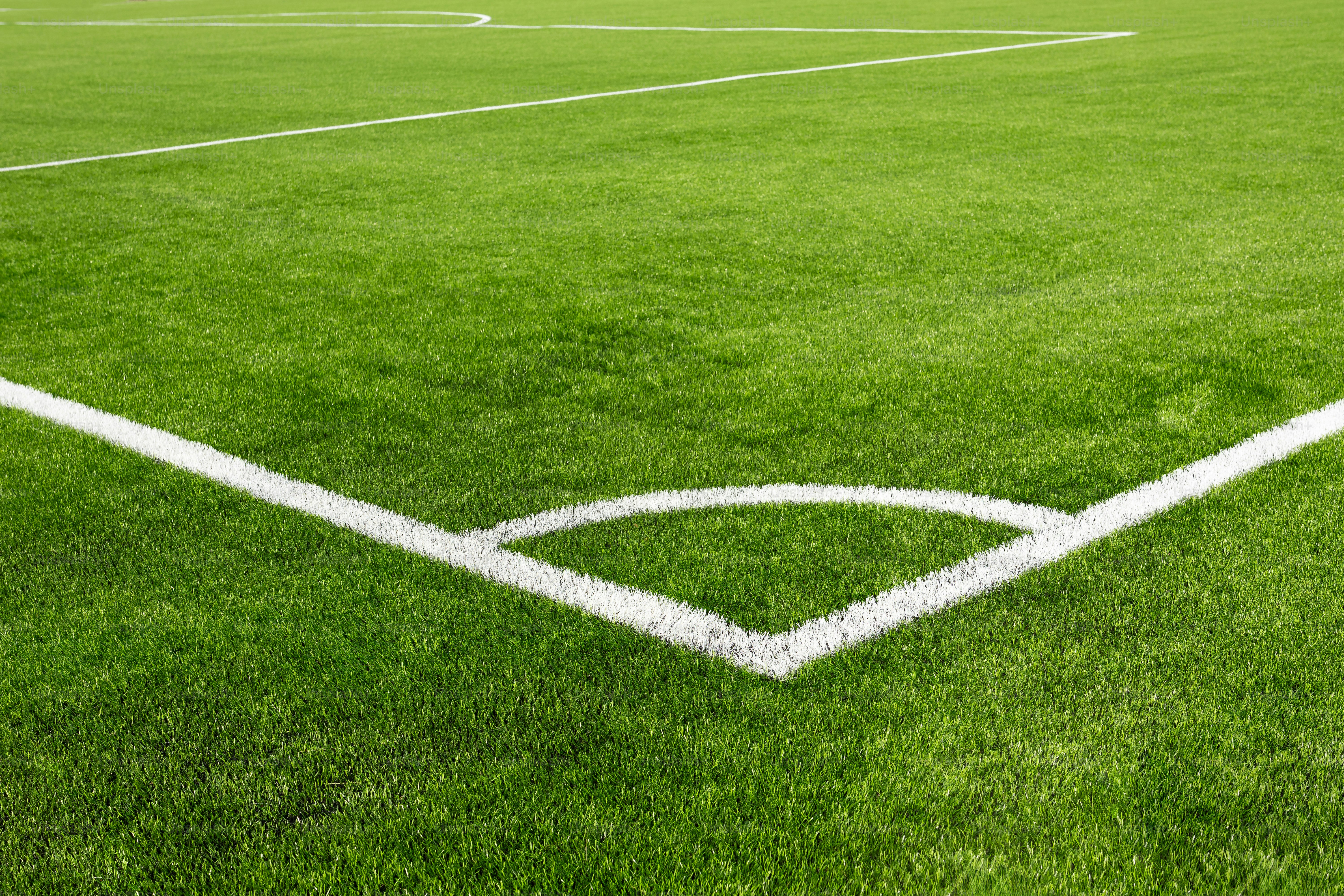 A corner of a green sports field with white lines