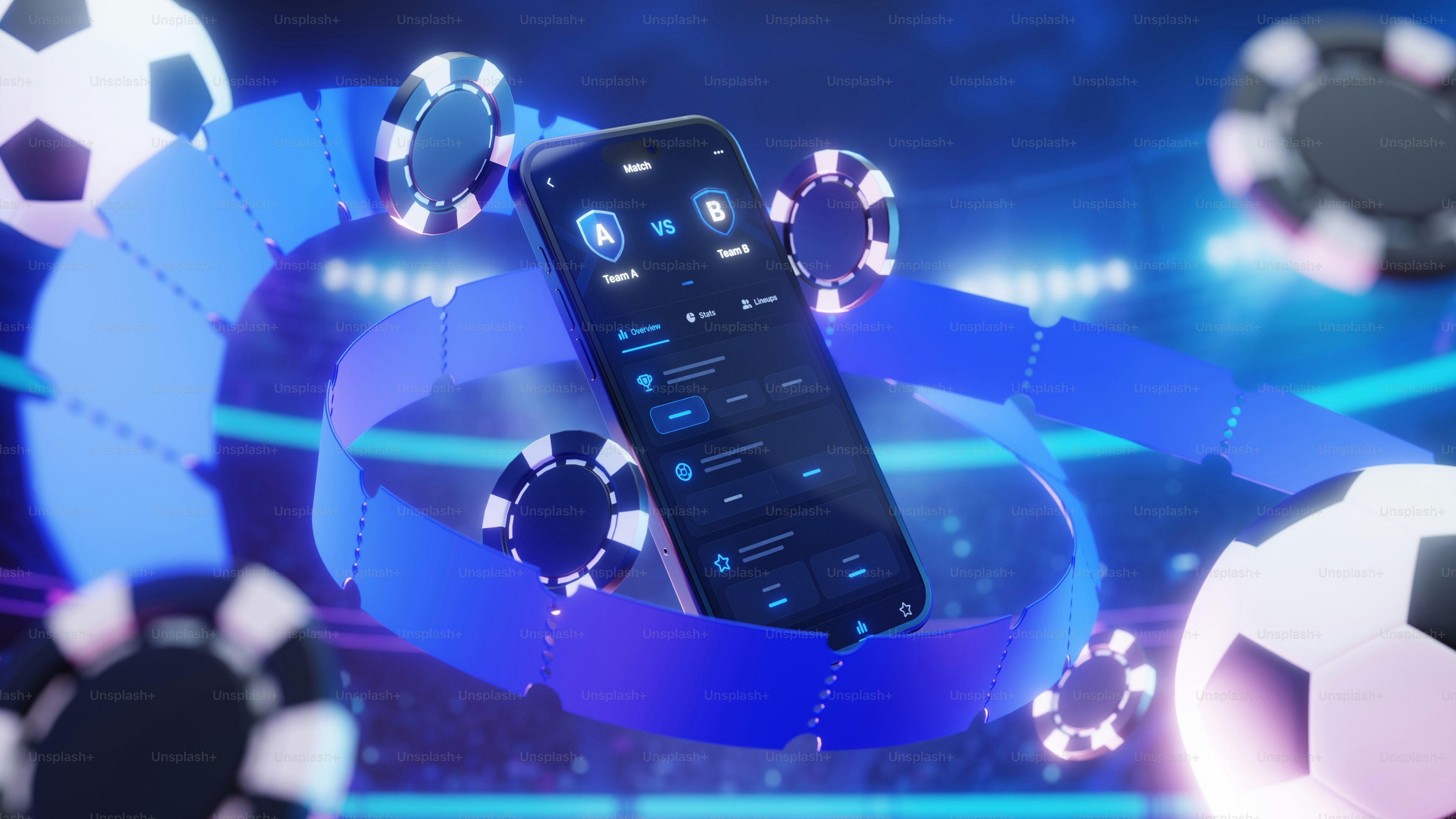 Apostas esportivas digitais em um smartphone com futebol e fichas.
