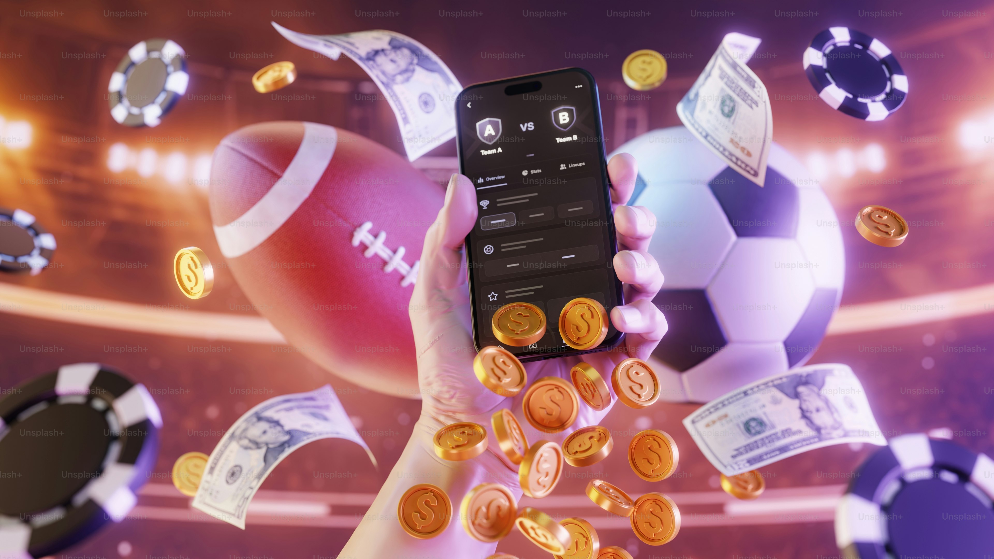 Apostas esportivas online por telefone com dinheiro, fichas e bolas.