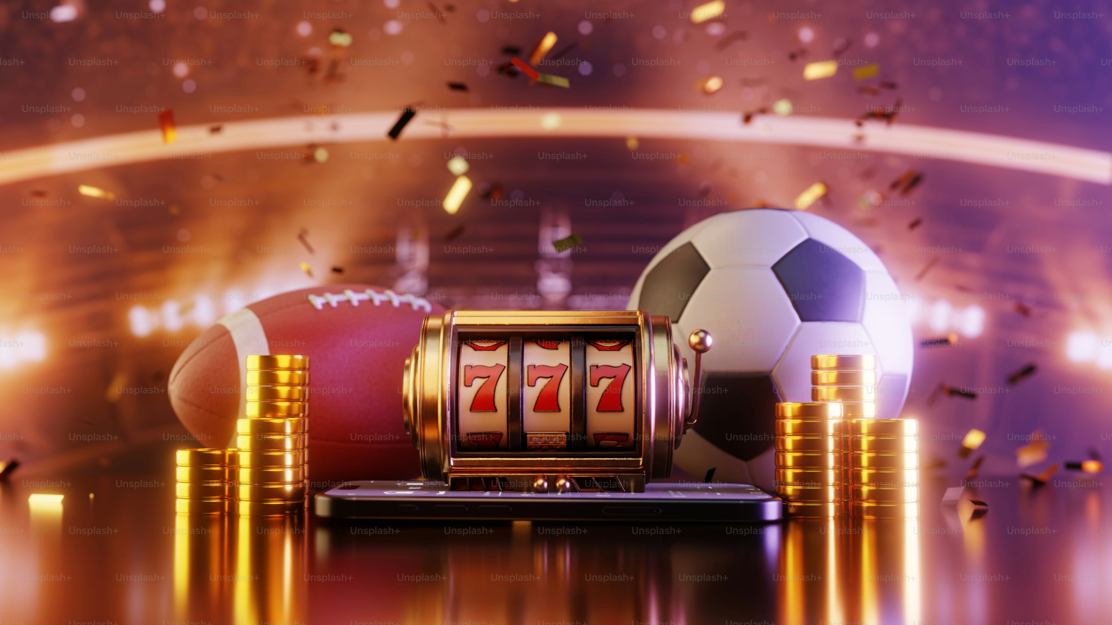 Máquina caça-níqueis, bolas esportivas e moedas de ouro com confete caindo.