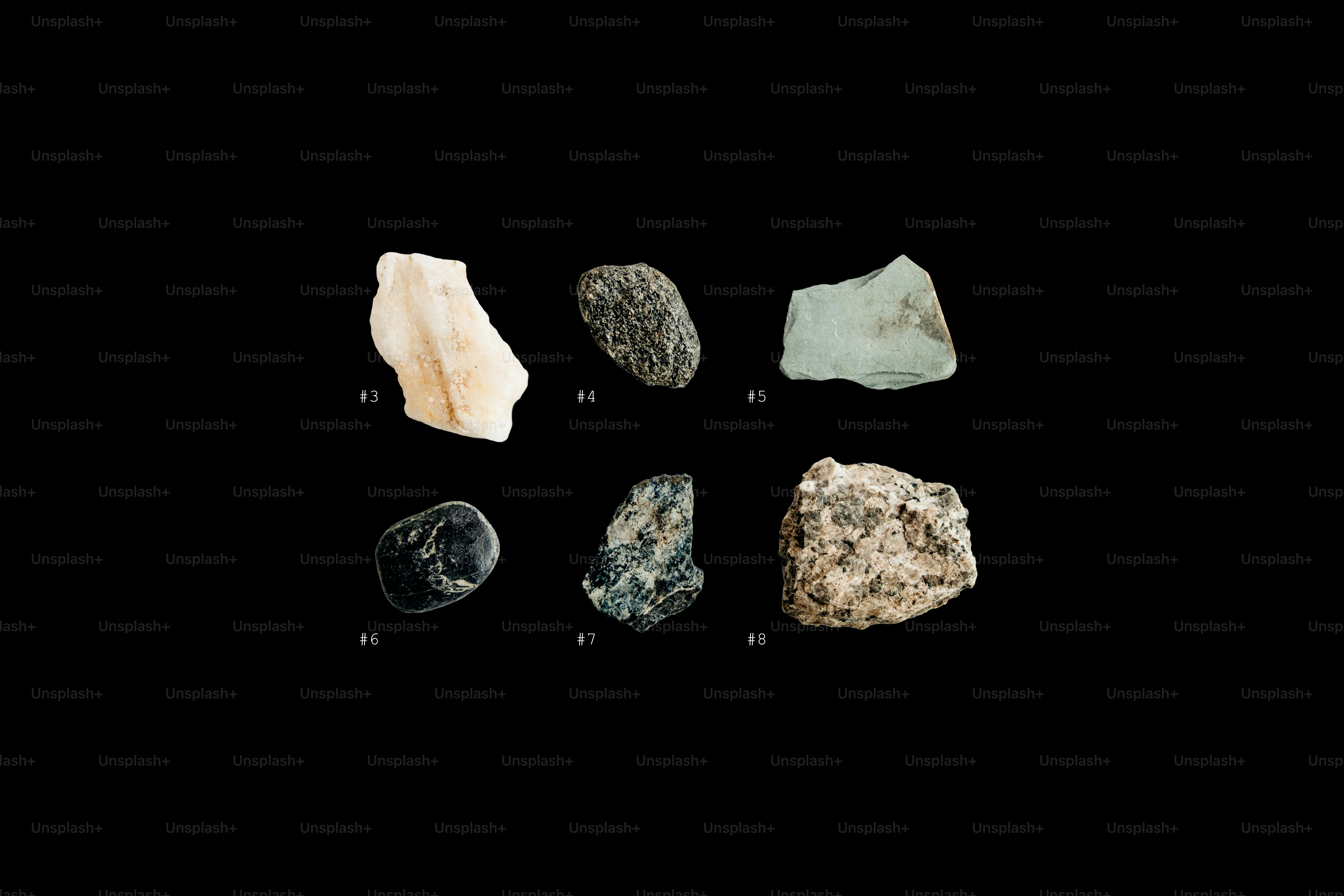 Sei rocce e minerali distinti esposti su uno sfondo nero.