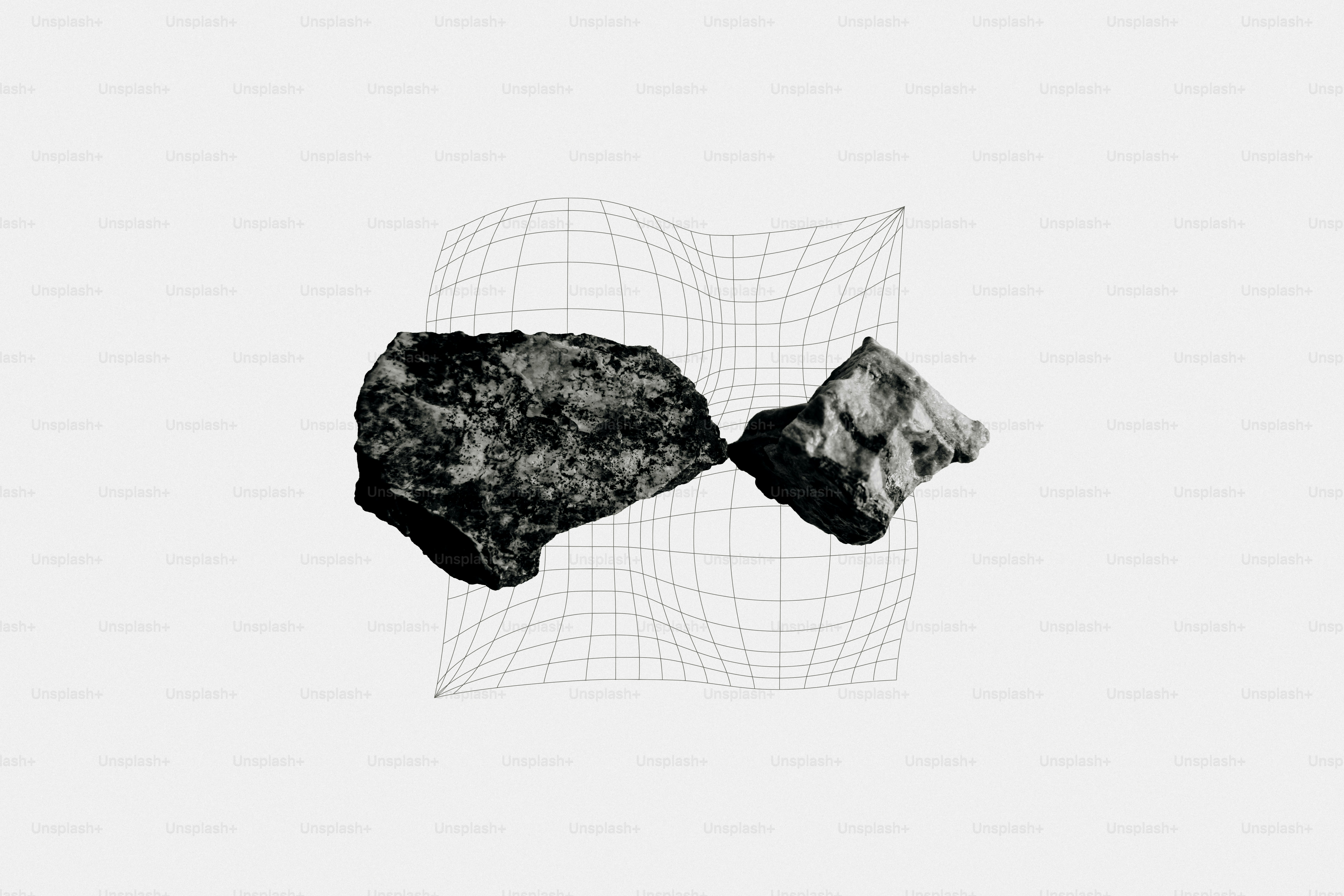 Dua objek gelap kasar dengan overlay grid yang terdistorsi.