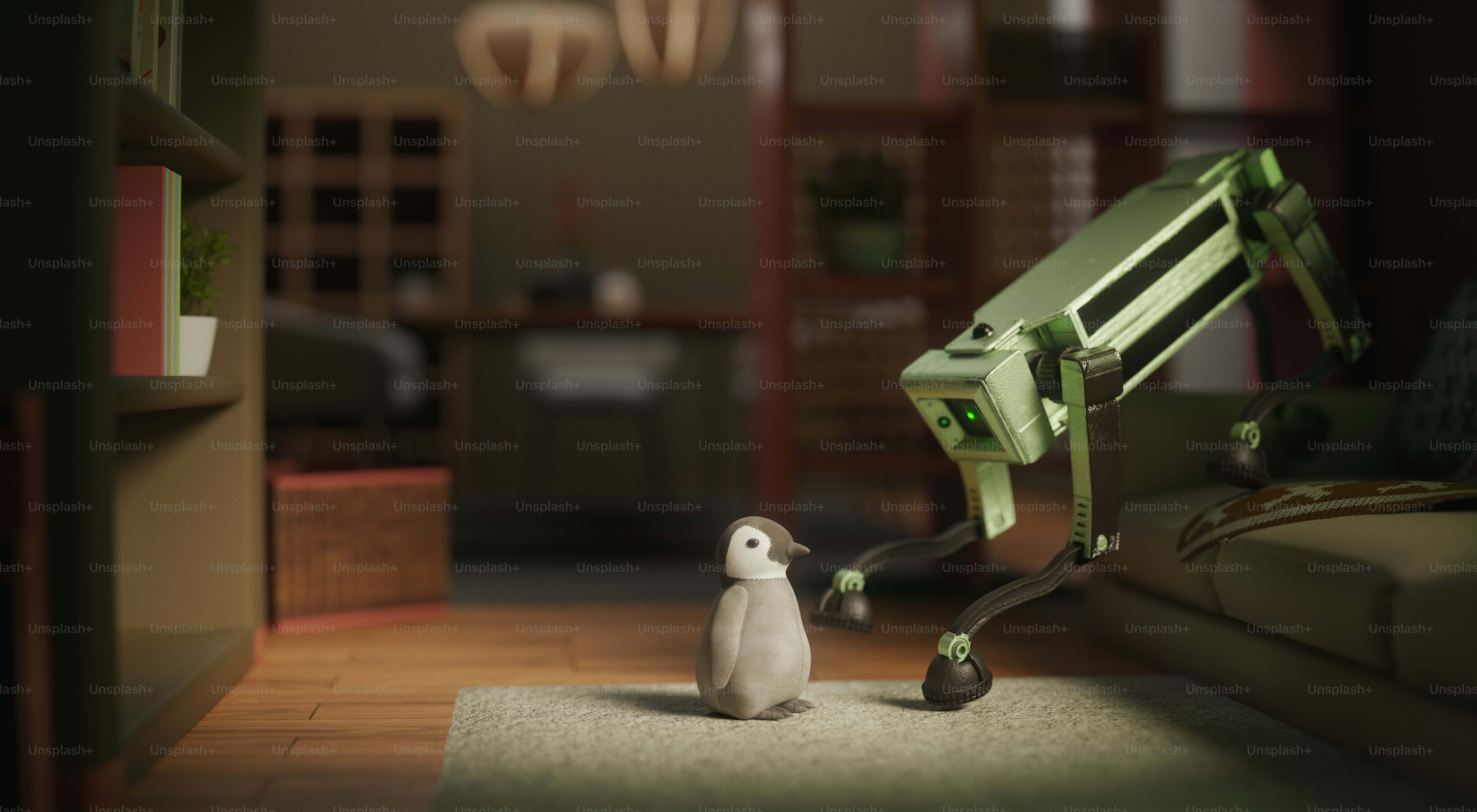A penguin chick and a robotic dog interact indoors.
