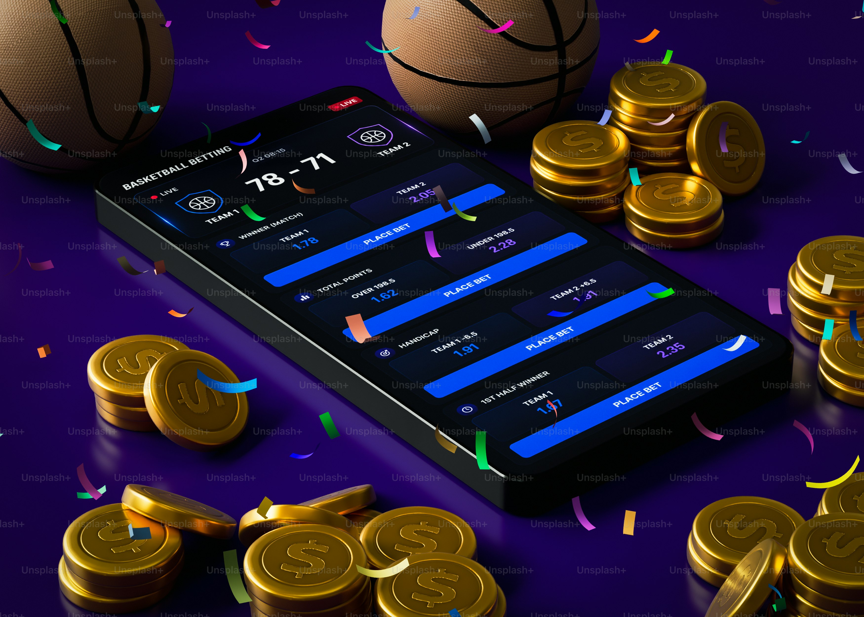 Smartphone displaying sports betting app with gold coins and basketballs.