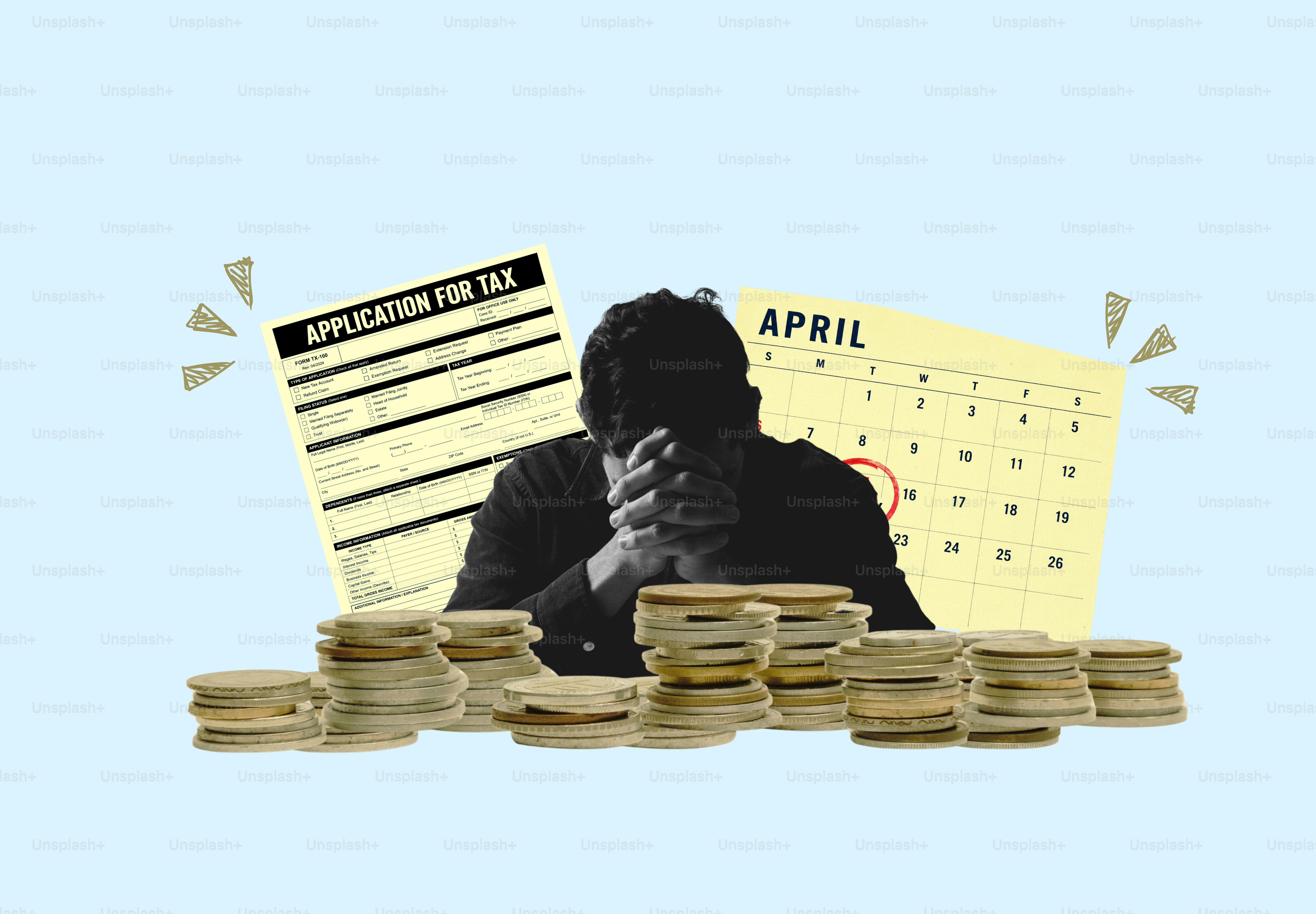 Orang stres tentang musim pajak dengan uang dan kalender.