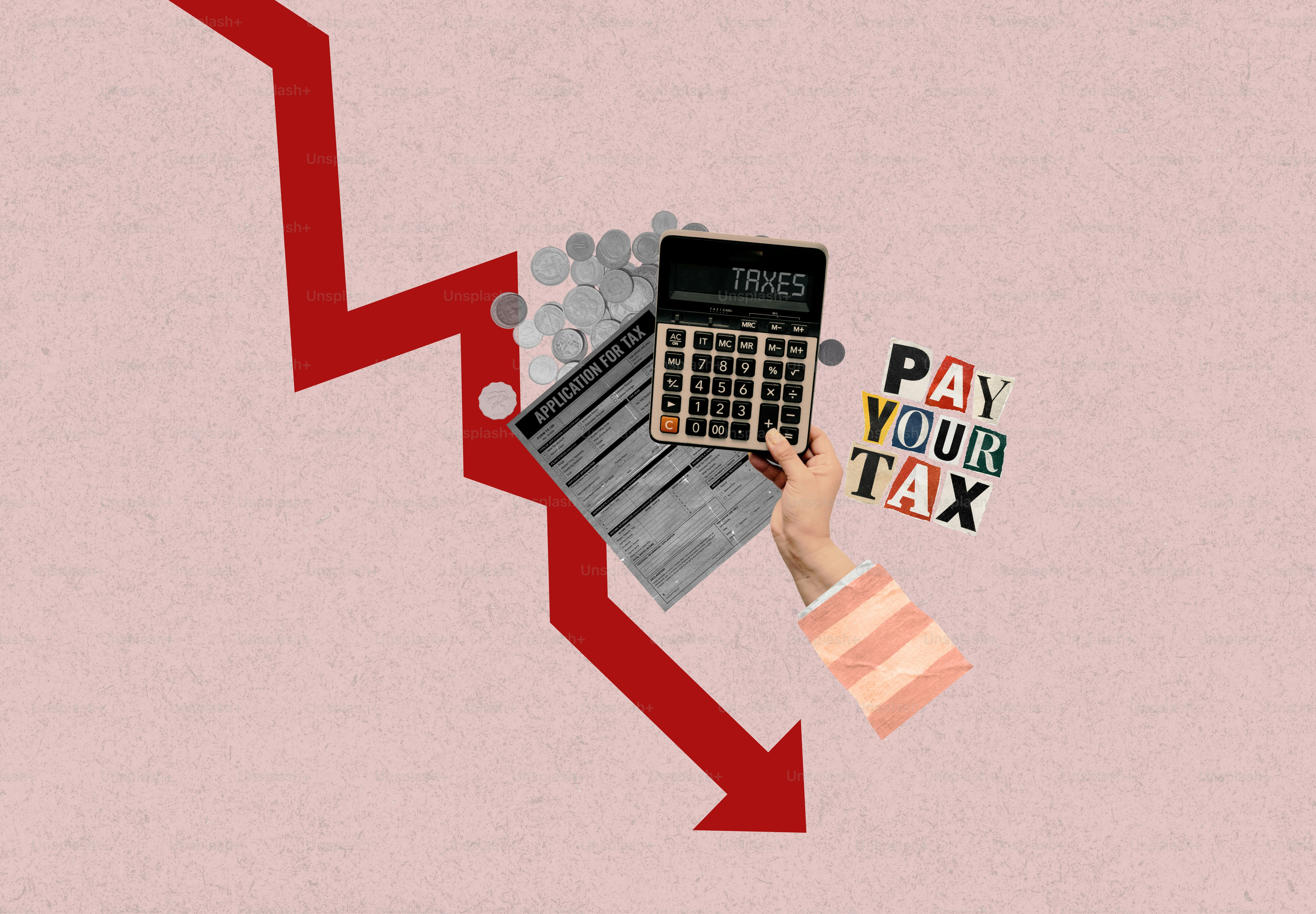 Financial decline with calculator, coins, and