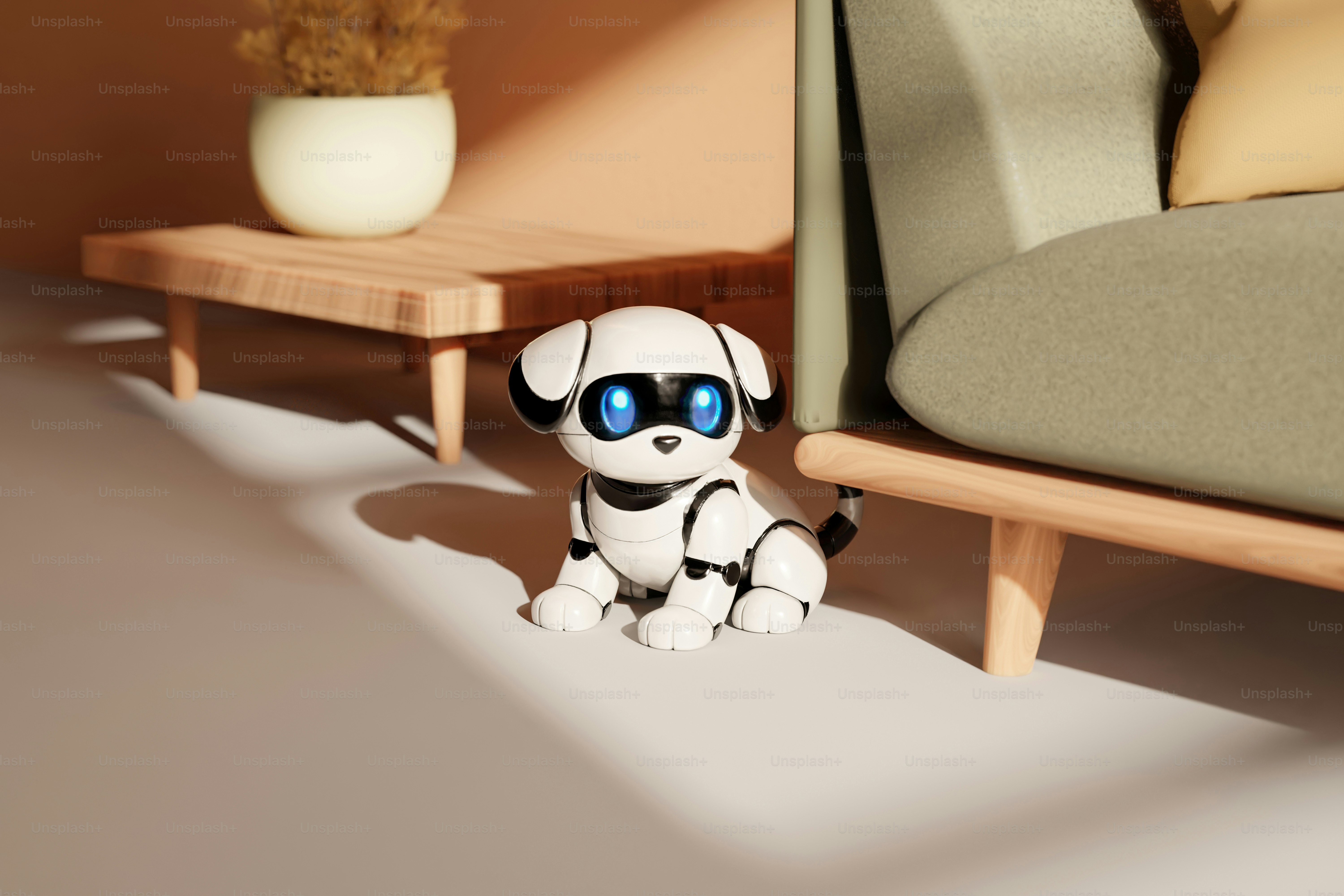 Anjing robot putih dengan mata biru duduk di dalam ruangan.